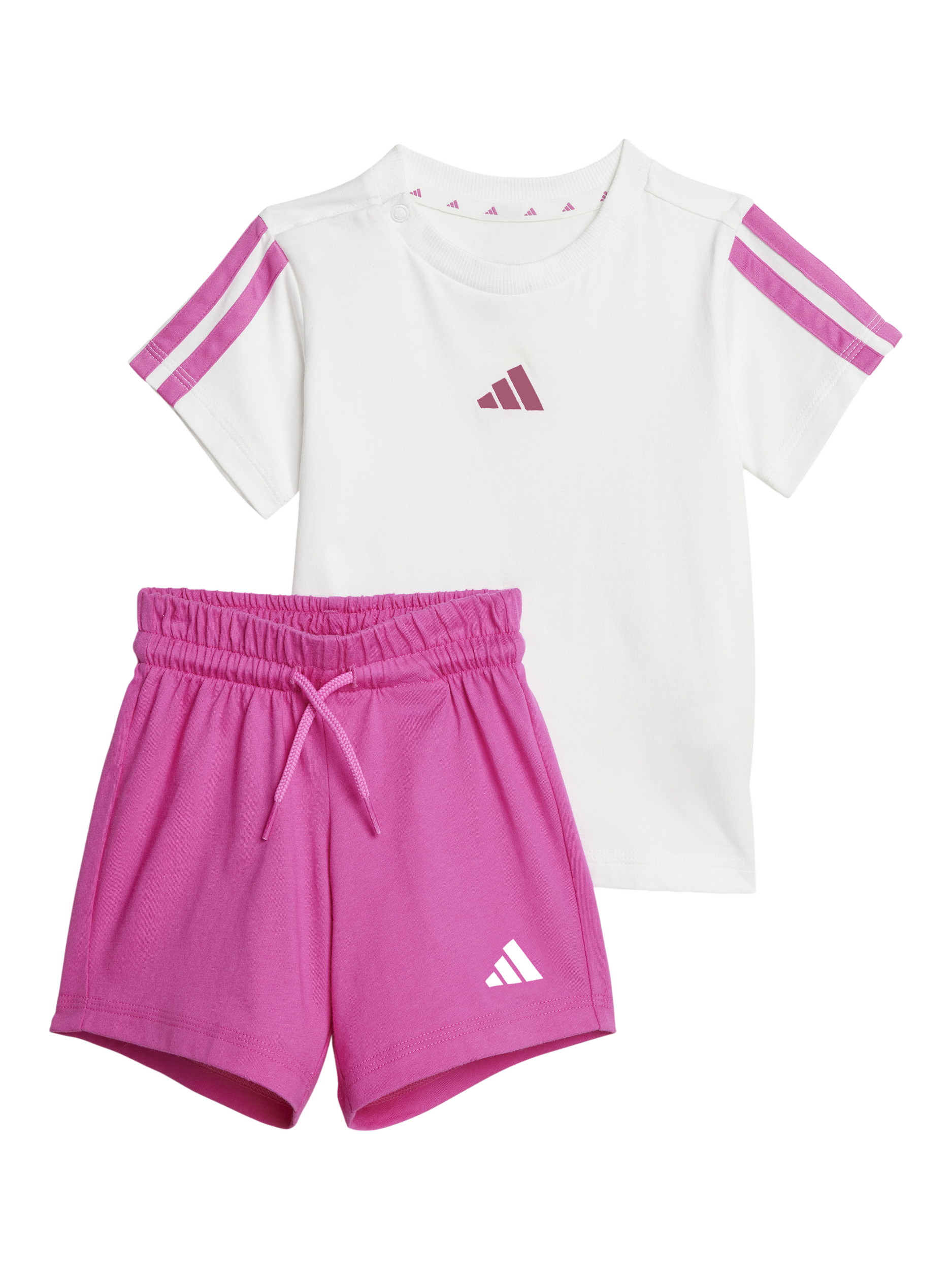 Product image 1 of 4, which shows adidas Baby 3 Stripes T-Shirt and Shorts Set, White/Pink, 9-12 months