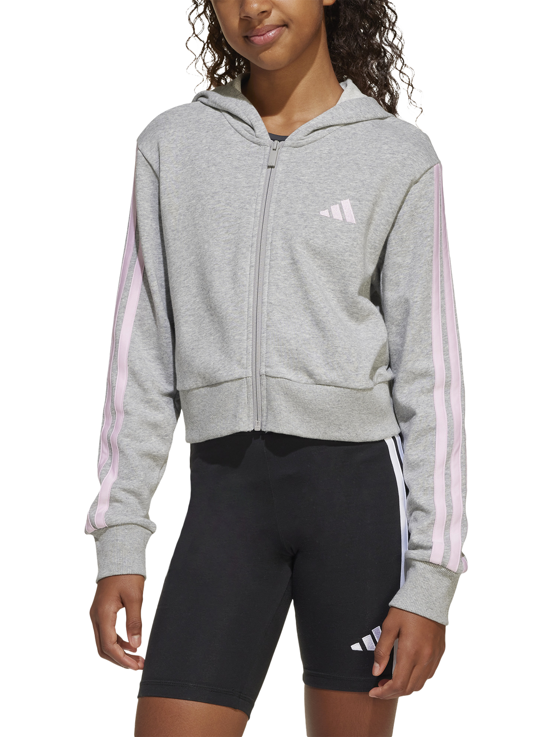 adidas Kids' 3 Stripe Logo Crop Hoodie, Grey/Pink