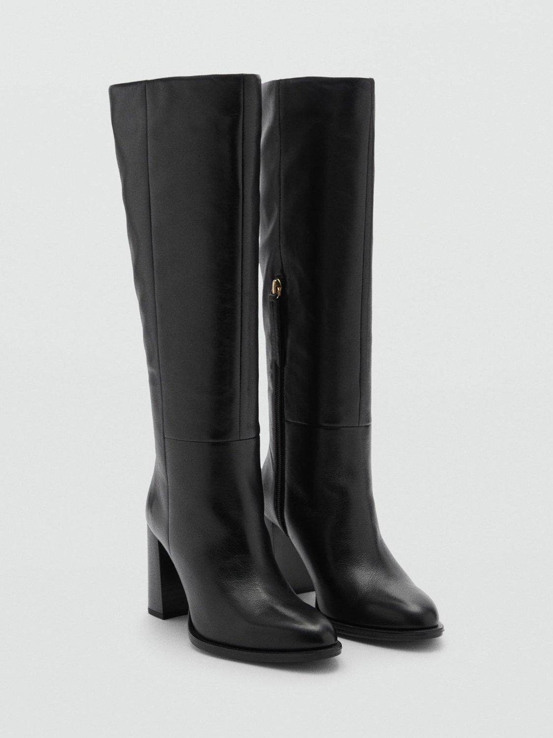 Product image 2 of 4, which shows Mango Fanga Leather Tall Heeled Boots, Black, 3