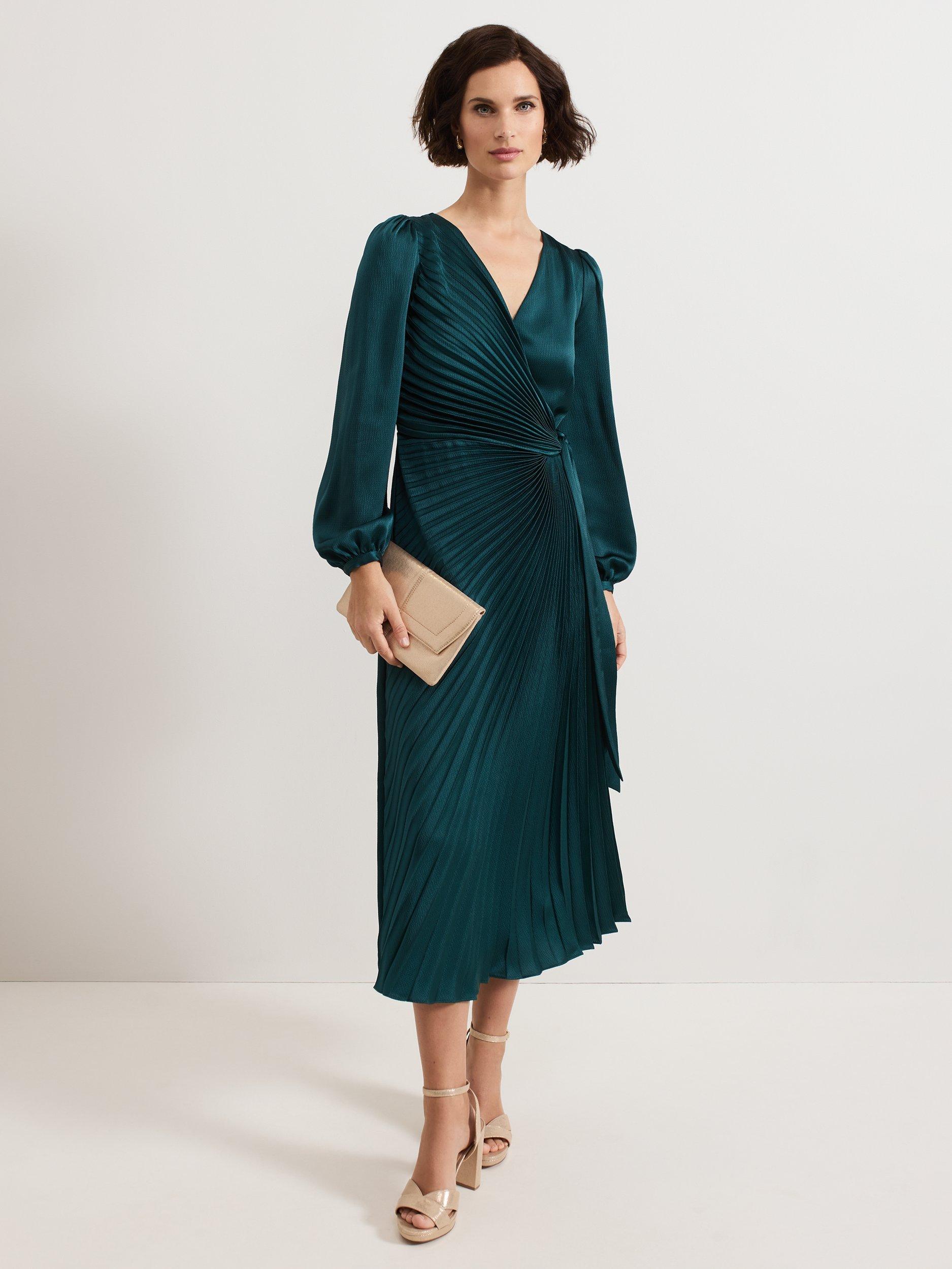 Product image 1 of 8, which shows Phase Eight Petite Gracie Sunray Pleated Midi Dress, Dark Green, 6