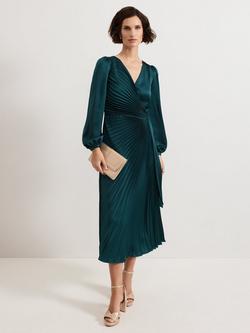 Phase Eight Petite Gracie Sunray Pleated Midi Dress, Dark Green, Dark Green