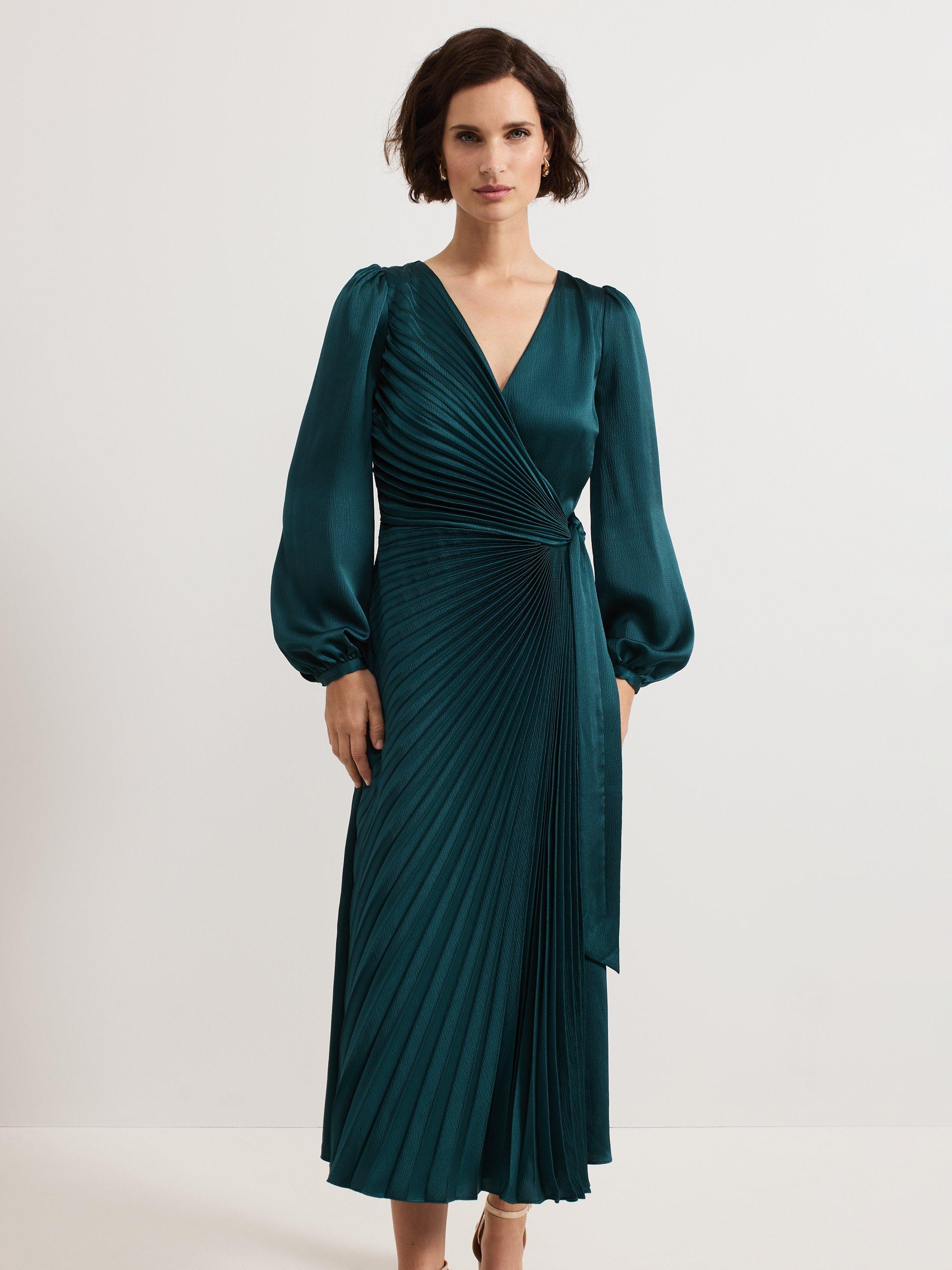 Phase Eight Petite Gracie Sunray Pleated Midi Dress, Dark Green