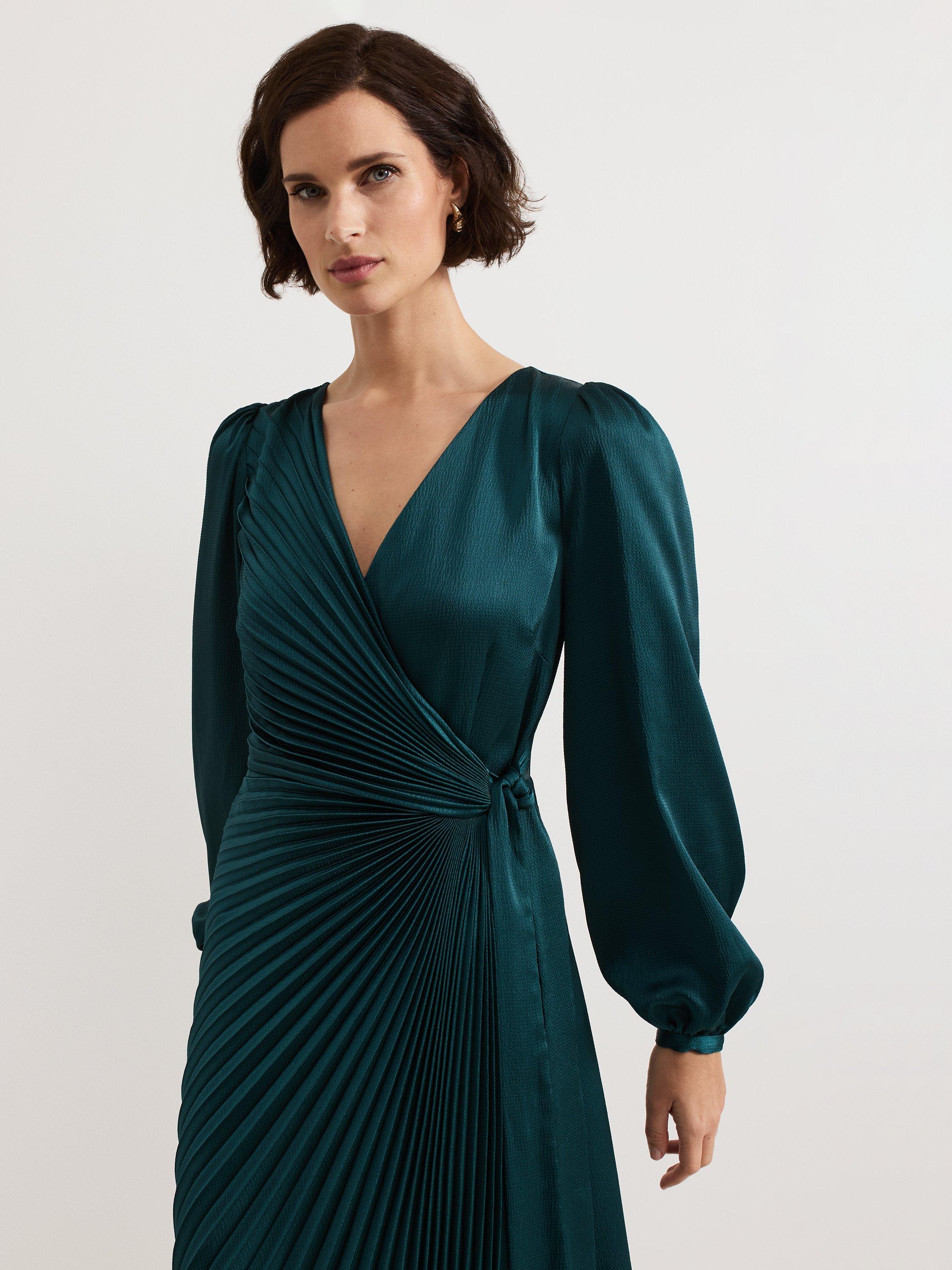 Phase Eight Petite Gracie Sunray Pleated Midi Dress, Dark Green