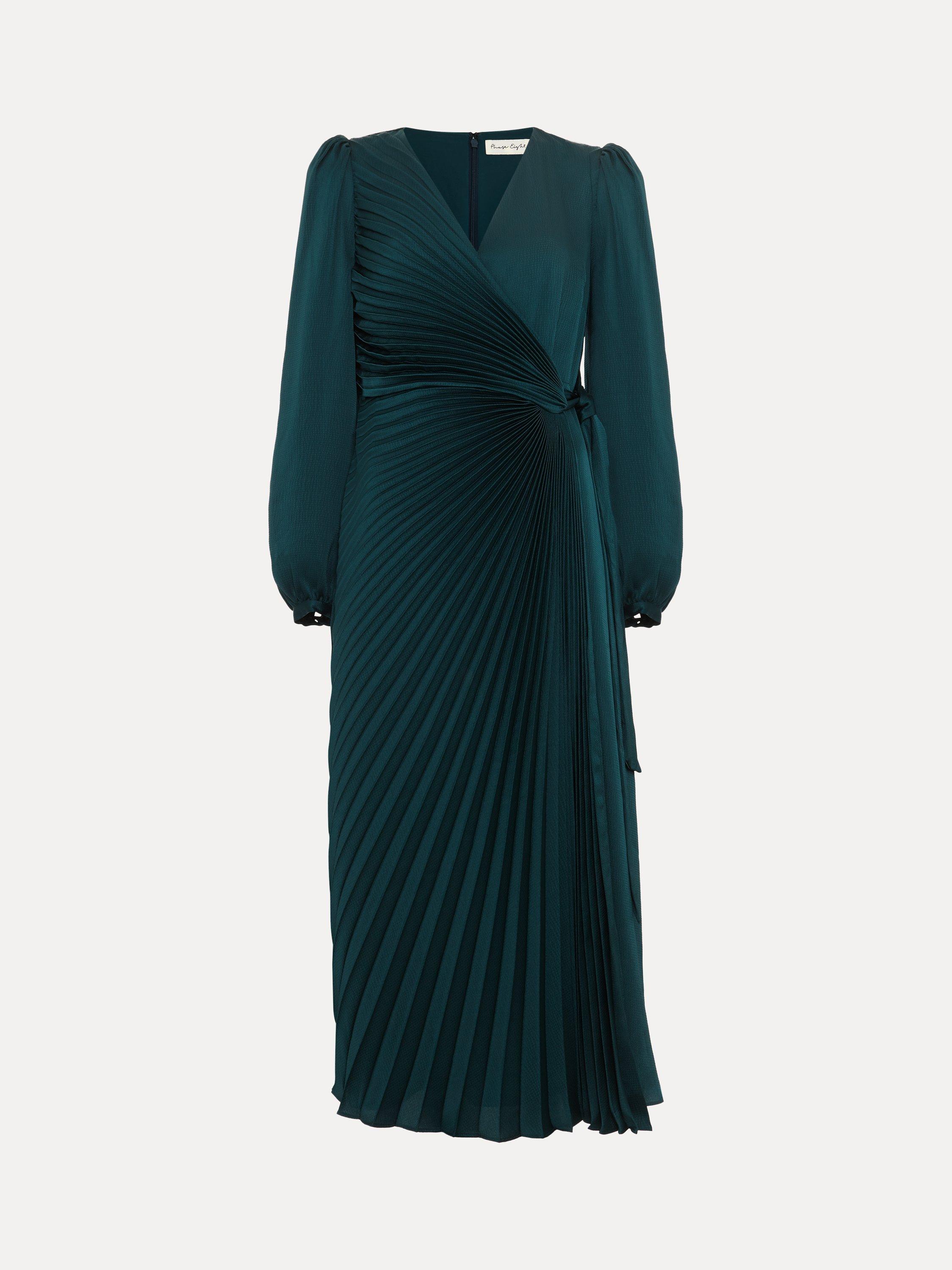 Product image 5 of 8, which shows Phase Eight Petite Gracie Sunray Pleated Midi Dress, Dark Green, 6