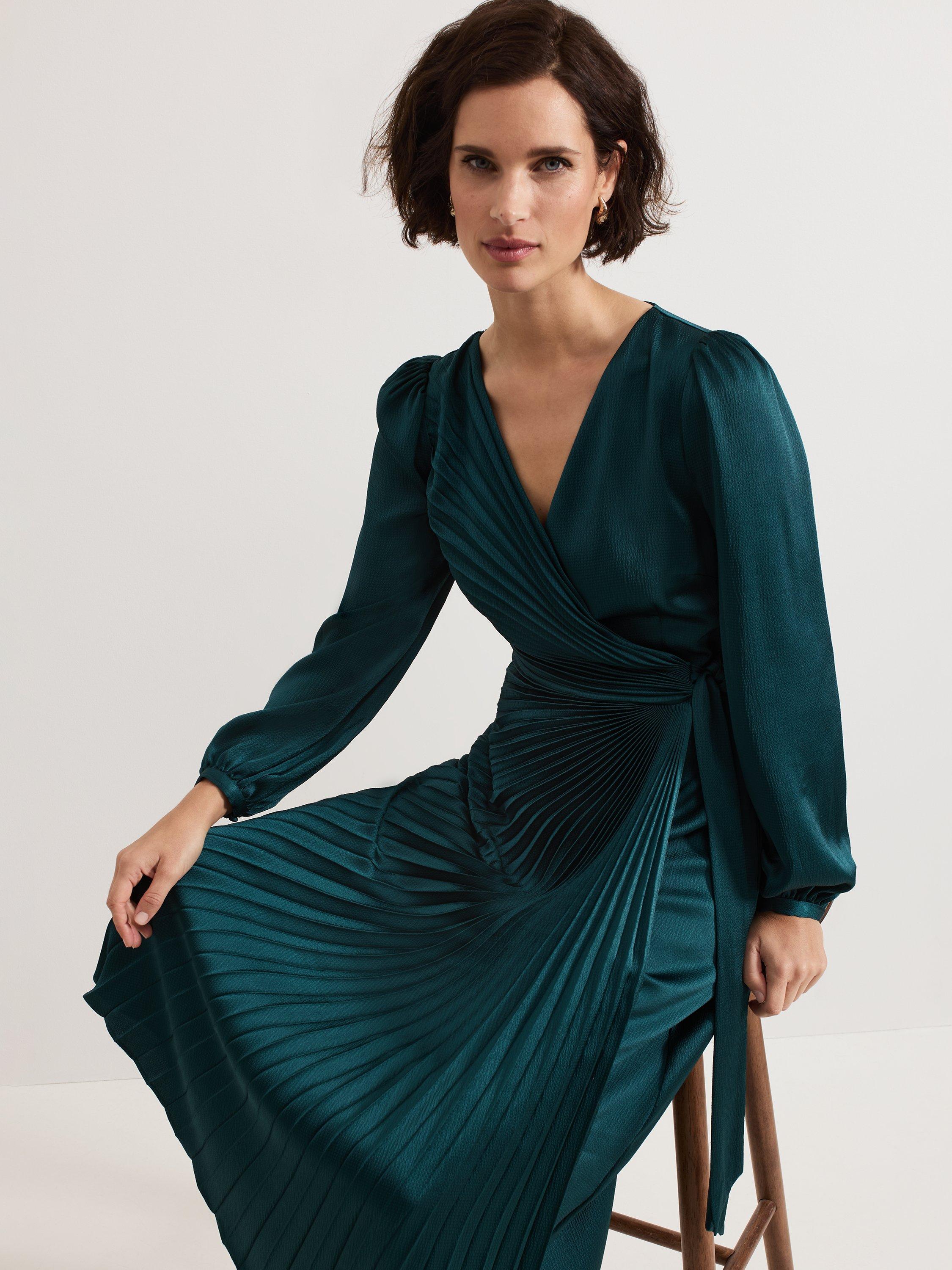 Product image 8 of 8, which shows Phase Eight Petite Gracie Sunray Pleated Midi Dress, Dark Green, 6