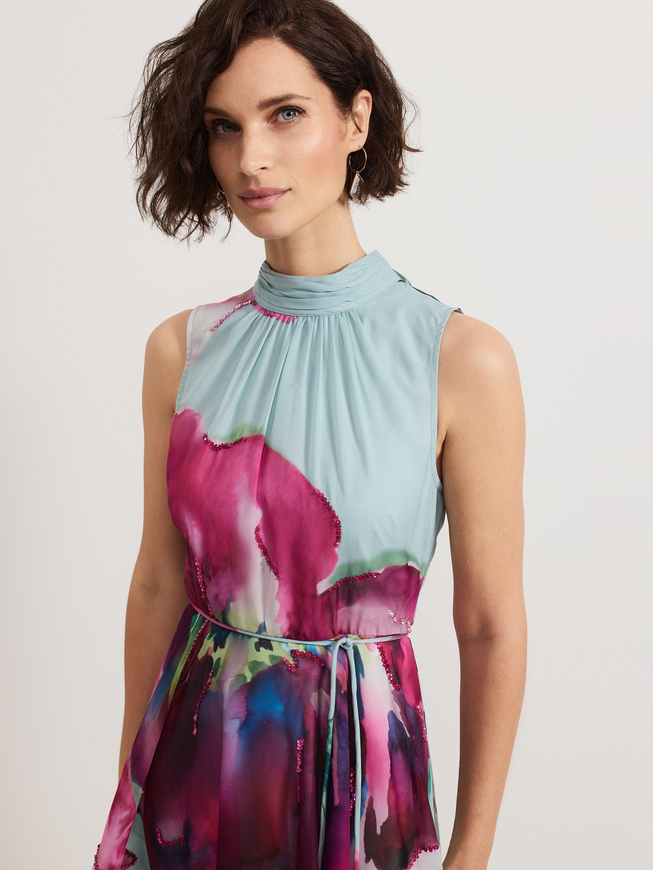 Product image 4 of 9, which shows Phase Eight Petite Tahina Floral Sequin Dress, Multi, 14