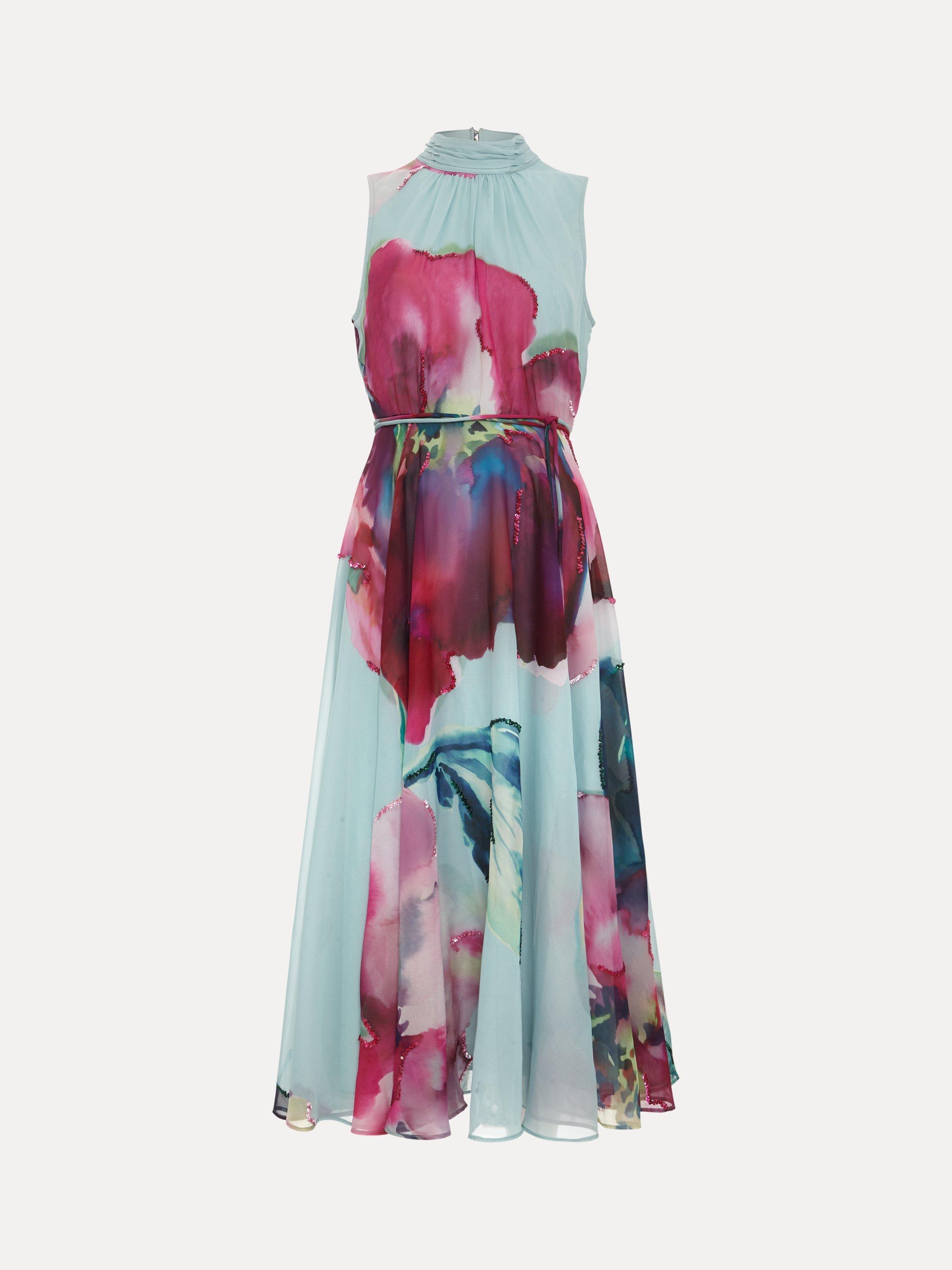 Product image 5 of 9, which shows Phase Eight Petite Tahina Floral Sequin Dress, Multi, 14