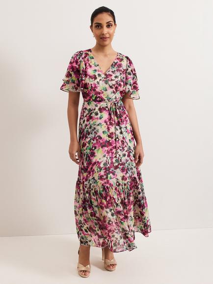 Phase Eight Petite Violet Floral Ruffle Maxi Dress, Multi, Multi