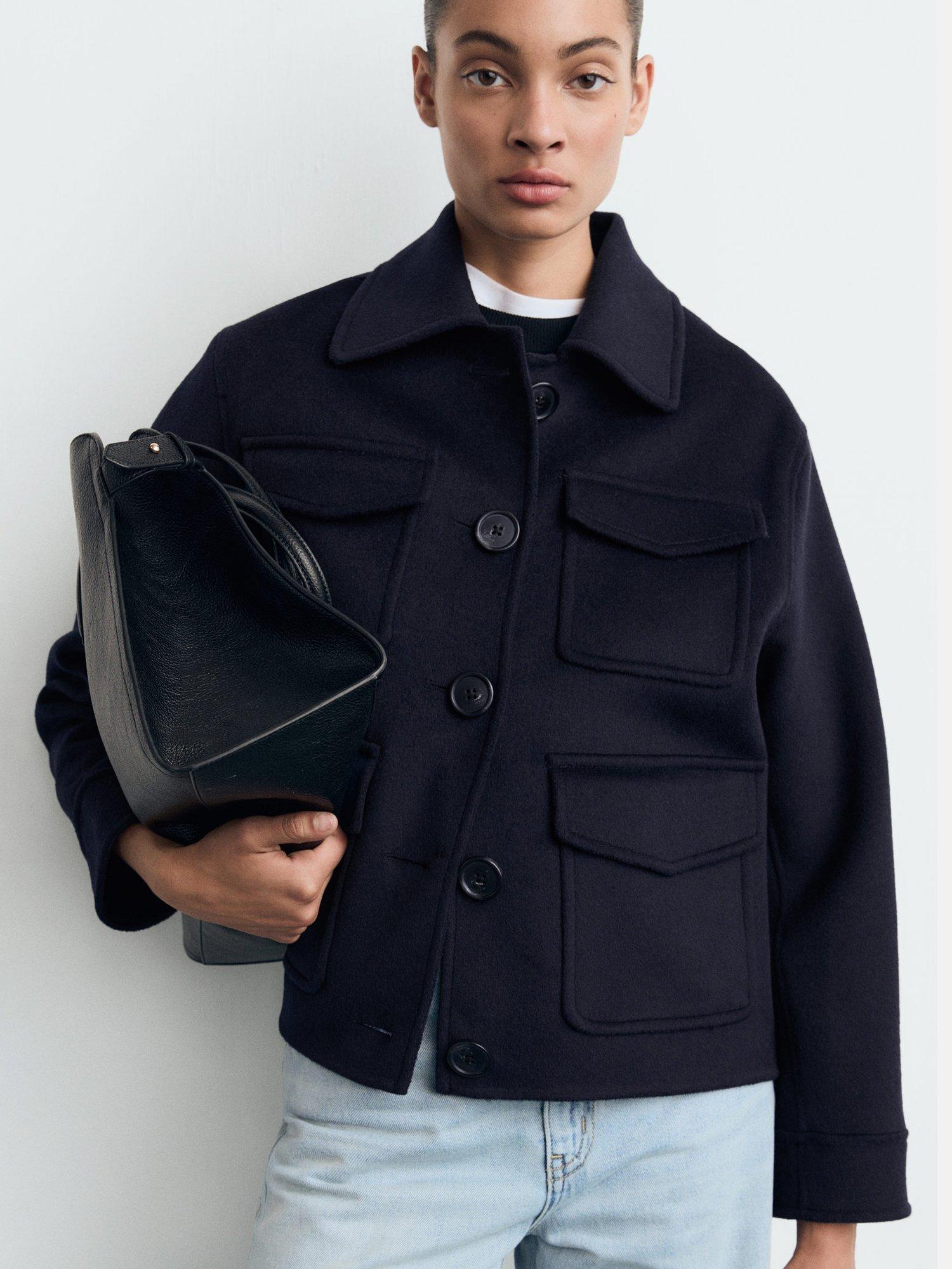 Mango Anna Boxy Wool Blend Jacket, Navy