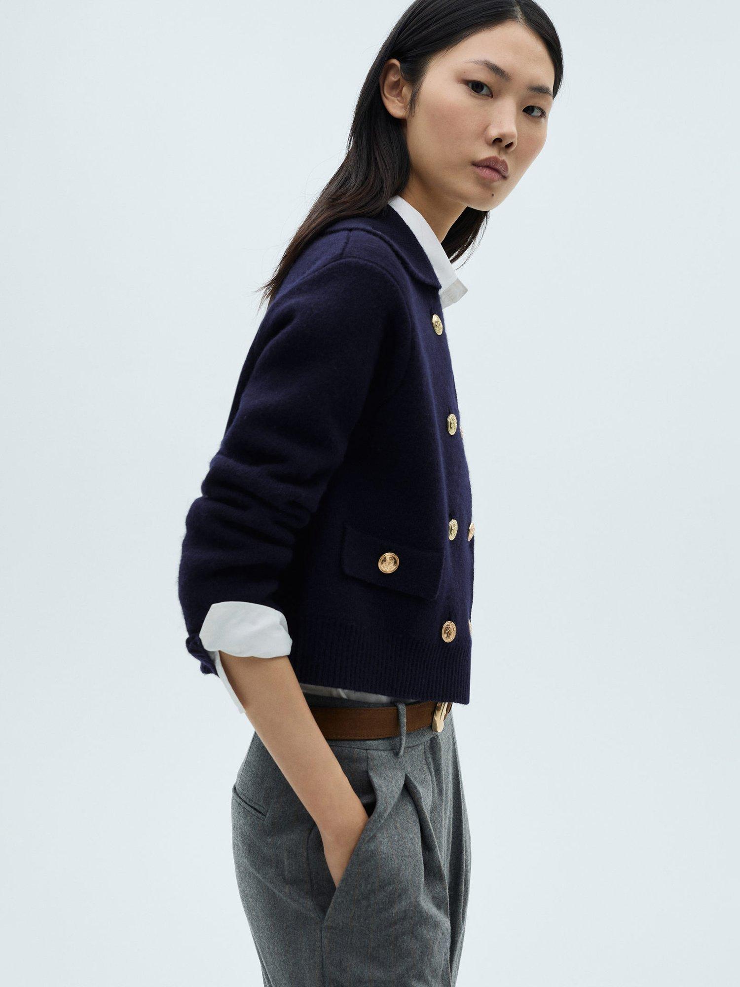 Mango Capitan Wool Blend Double Breasted Knitted Jacket, Navy