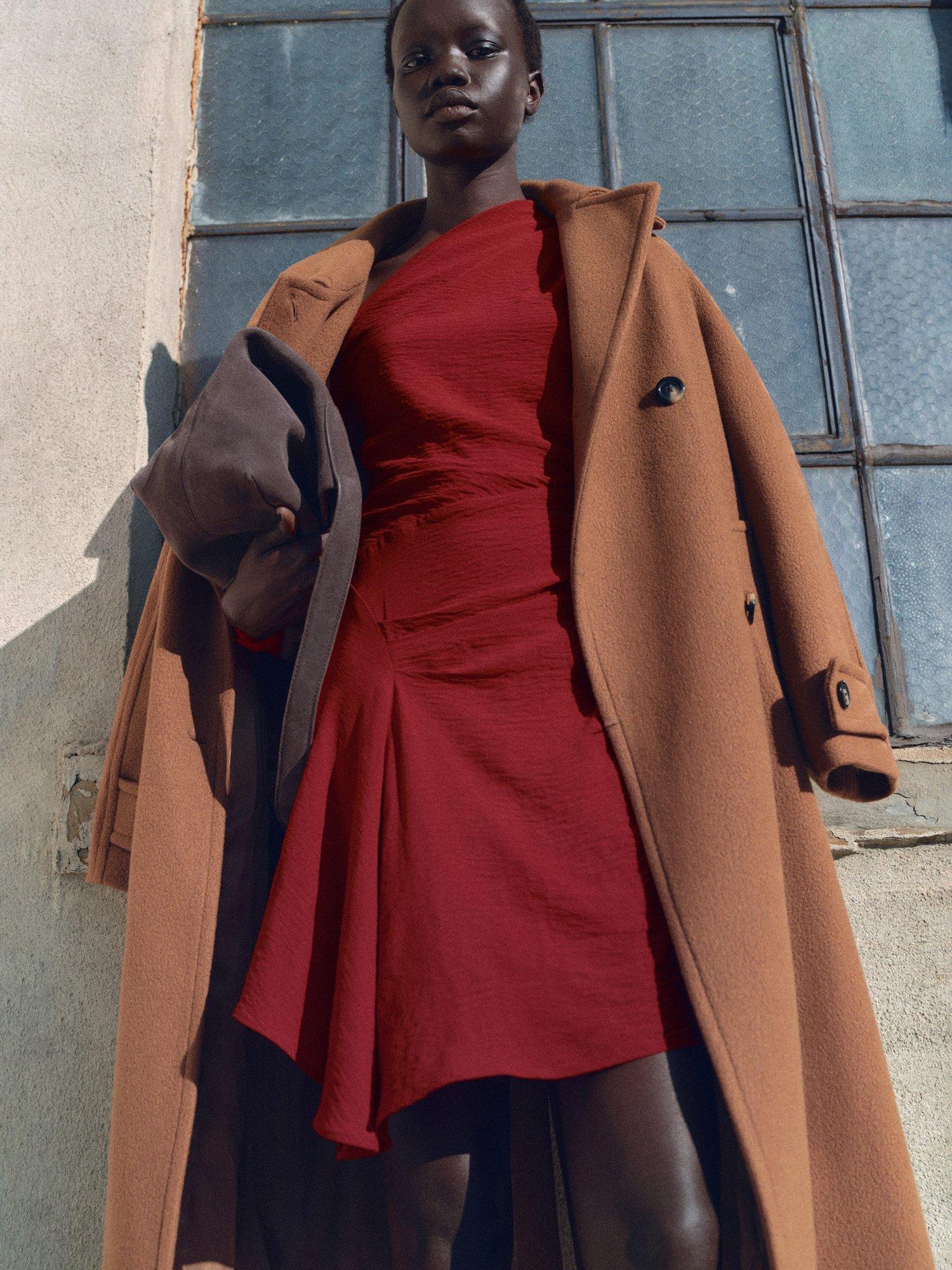 Product image 1 of 7, which shows Mango Blush Drape Long Sleeve Dress, Red, 10