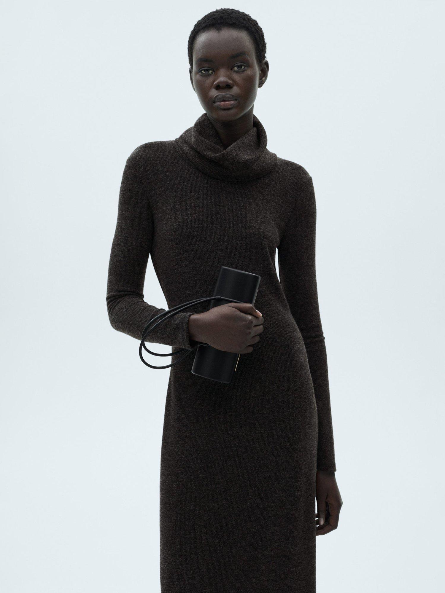 Product image 1 of 7, which shows Mango Gino Roll Neck Fitted Jumper Dress, Charcoal, 12