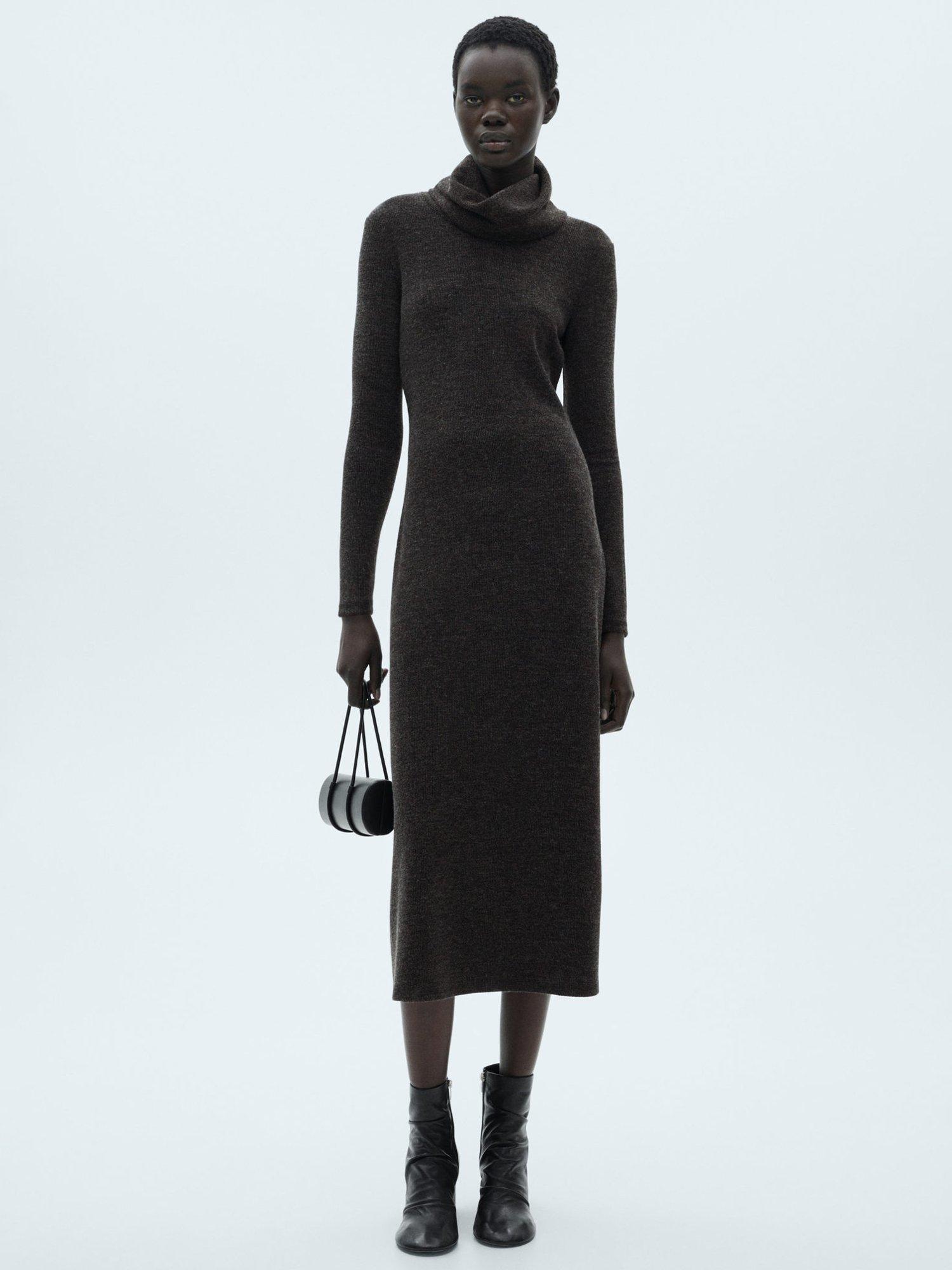 Product image 2 of 7, which shows Mango Gino Roll Neck Fitted Jumper Dress, Charcoal, 12