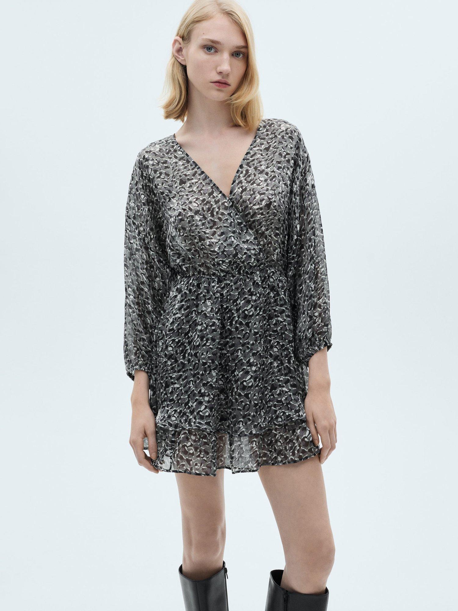 Product image 1 of 7, which shows Mango Leopard Ruffle Mini Dress, Black, 4
