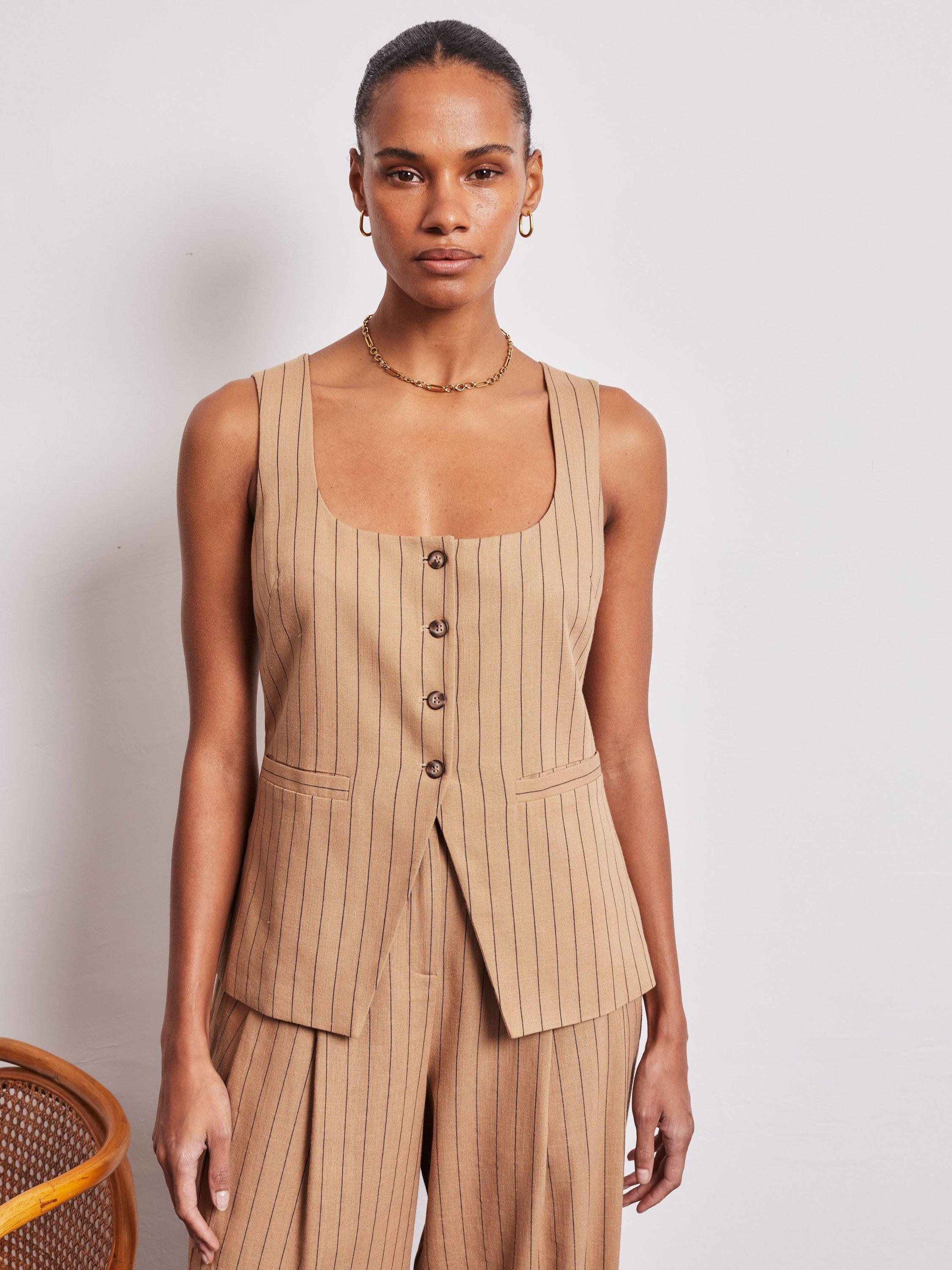 Product image 2 of 5, which shows VIVERE Isabella Pinstripe Waistcoat, Beige, 6