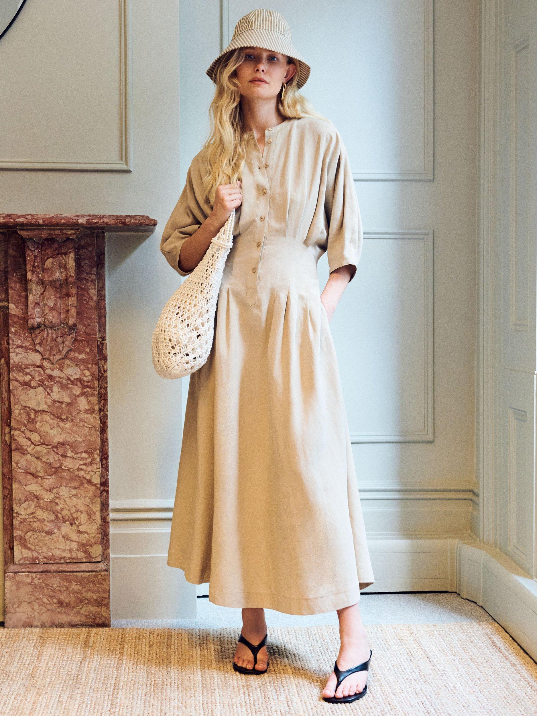 Product image 1 of 4, which shows VIVERE Nova Nipped Waist Shirt Dress, Camel, 6