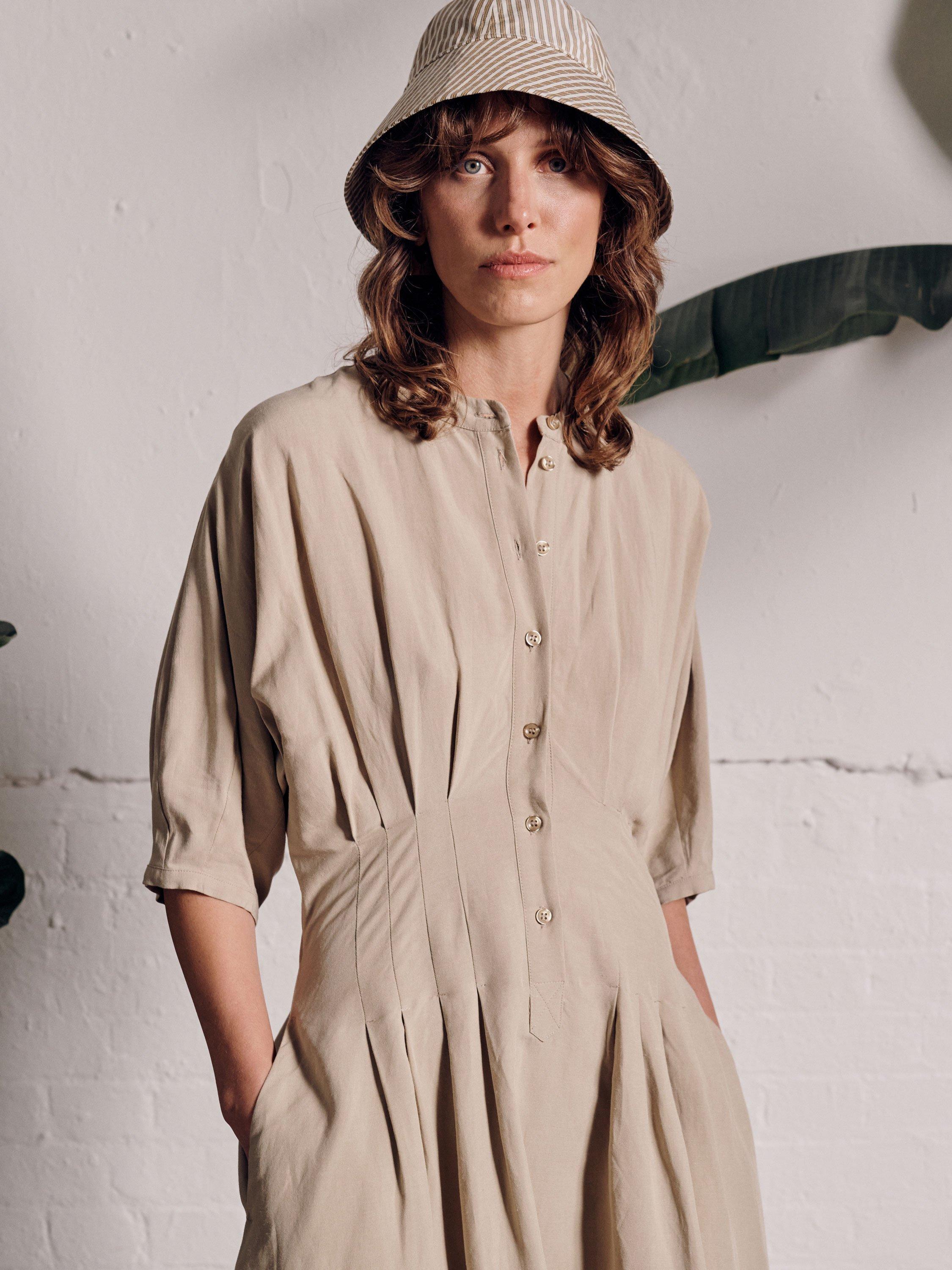 Product image 2 of 4, which shows VIVERE Nova Nipped Waist Shirt Dress, Camel, 6
