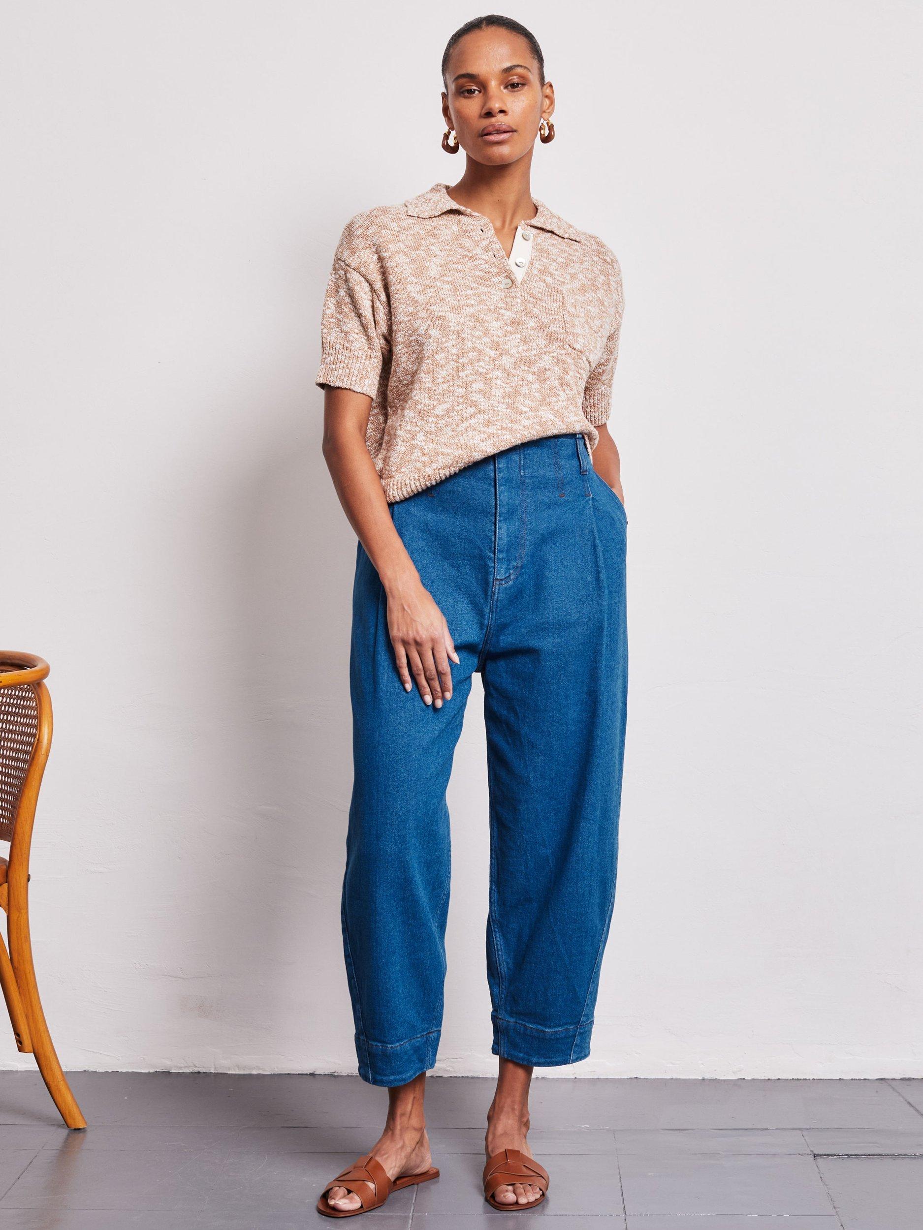 Product image 1 of 5, which shows VIVERE Anais Pocket Knitted Polo Shirt, White Oatmeal Marl, XS