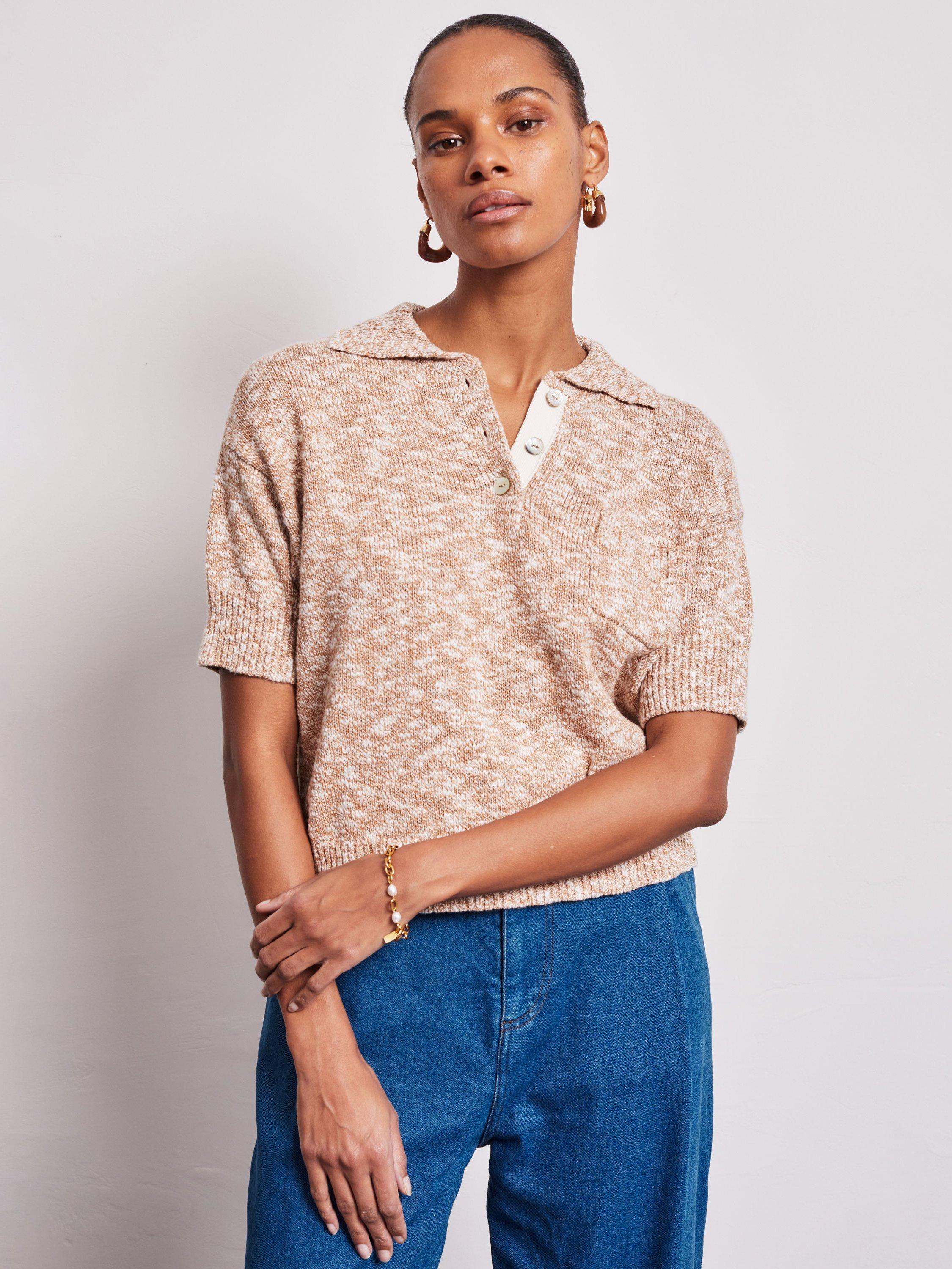 Product image 2 of 5, which shows VIVERE Anais Pocket Knitted Polo Shirt, White Oatmeal Marl, XS