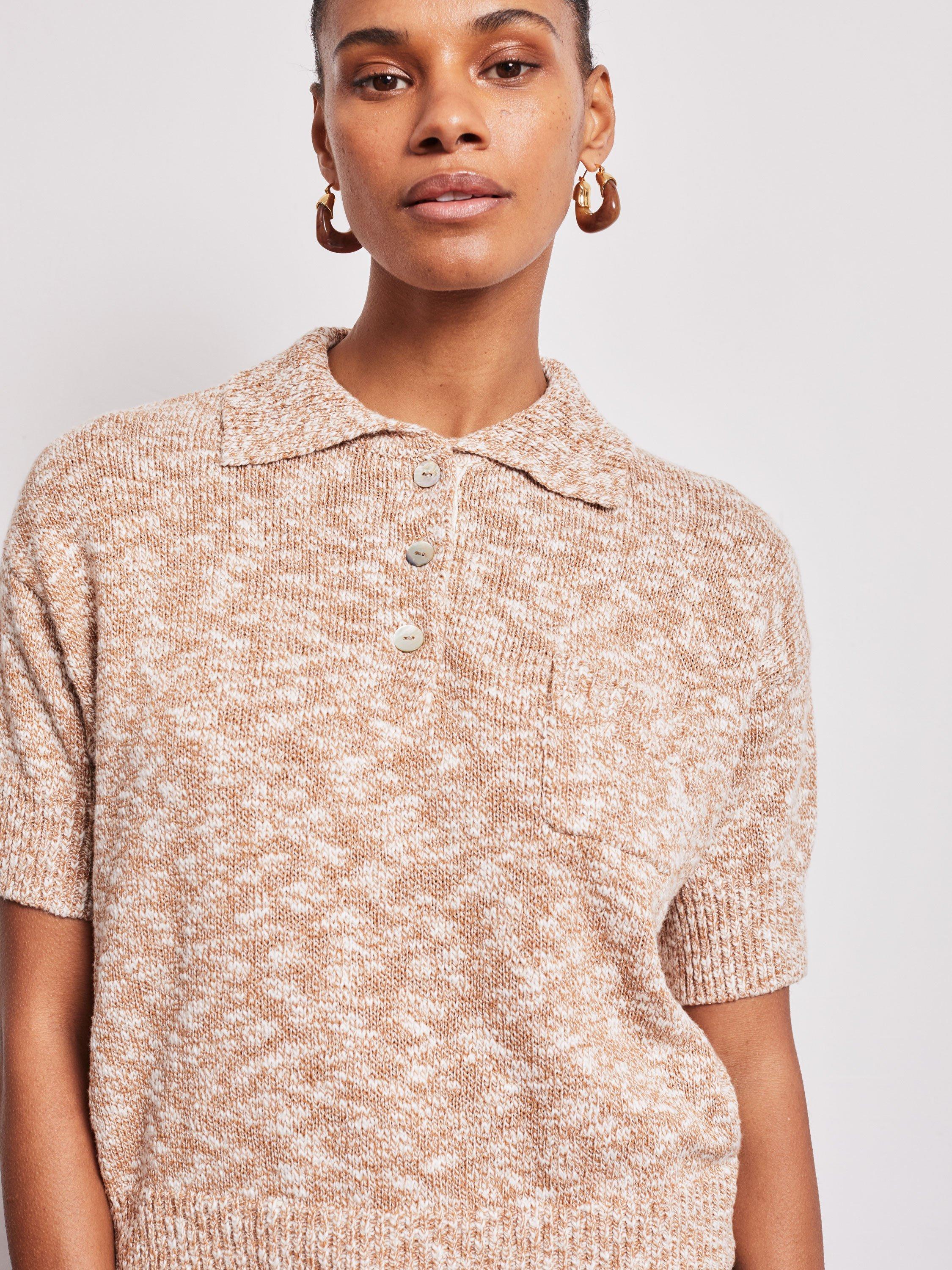 Product image 4 of 5, which shows VIVERE Anais Pocket Knitted Polo Shirt, White Oatmeal Marl, XS