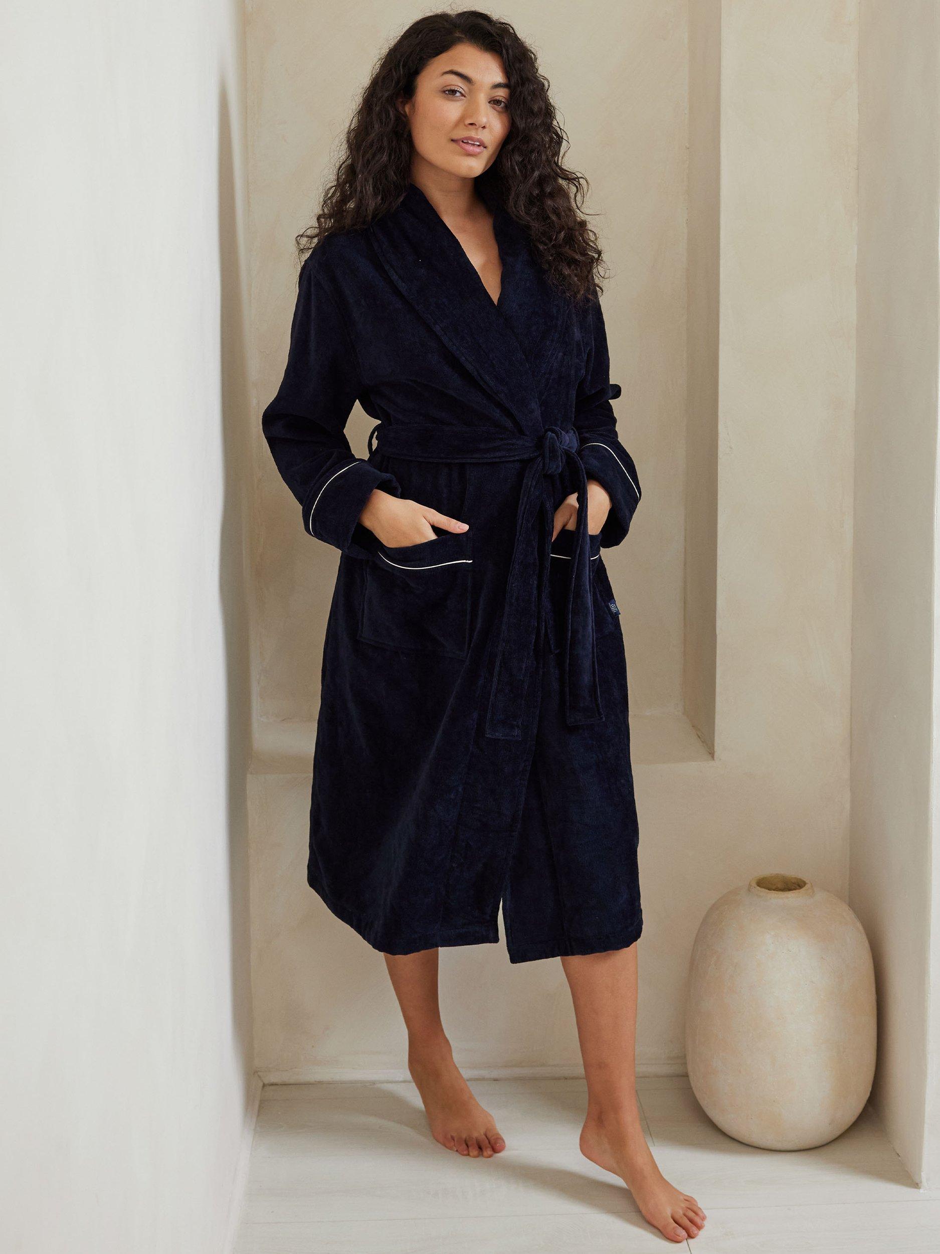 Product image 1 of 5, which shows Chelsea Peers Towelling Satin Tipped Dressing Gown, Navy, 6-8