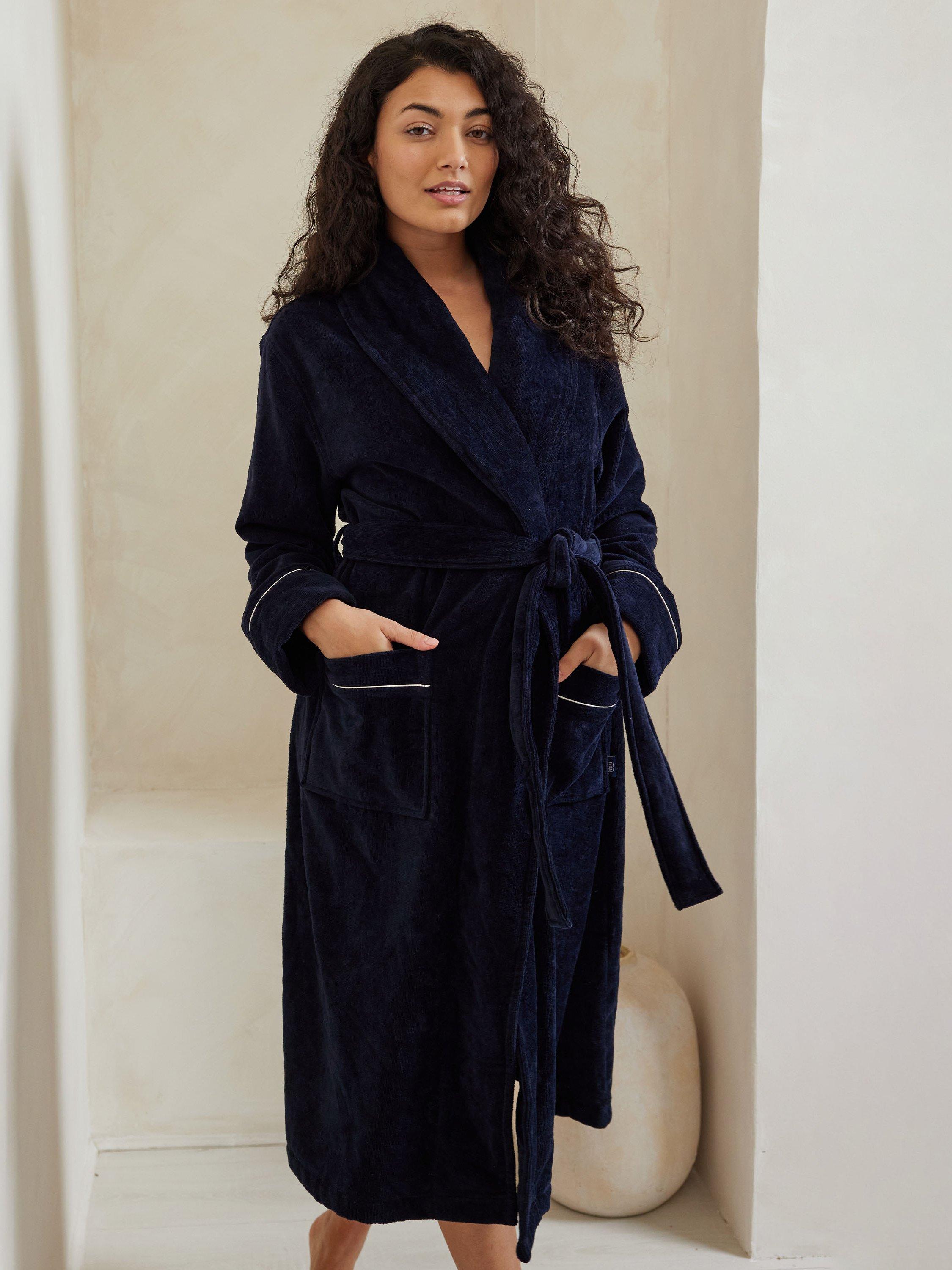 Product image 2 of 5, which shows Chelsea Peers Towelling Satin Tipped Dressing Gown, Navy, 6-8