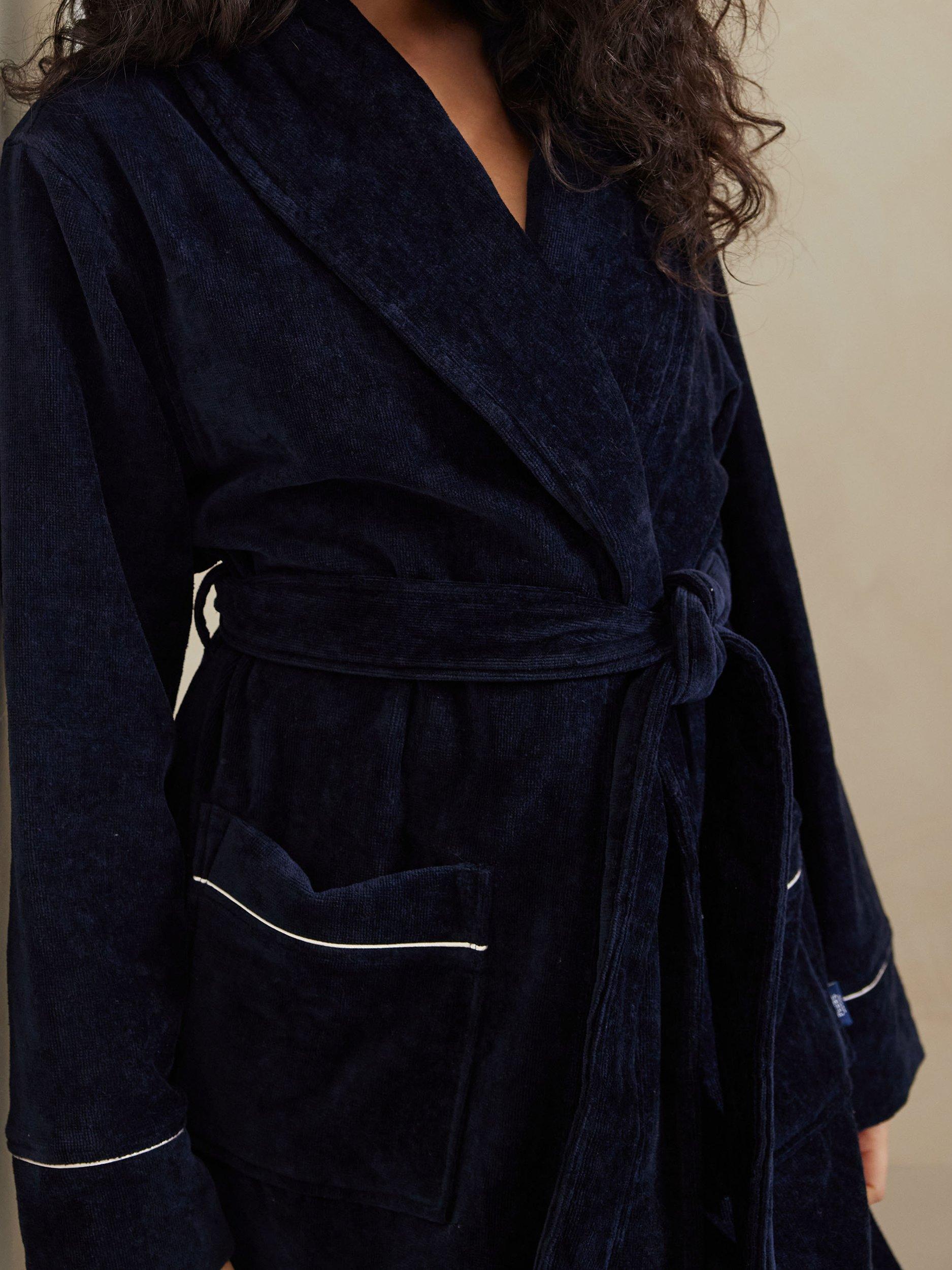 Product image 3 of 5, which shows Chelsea Peers Towelling Satin Tipped Dressing Gown, Navy, 6-8