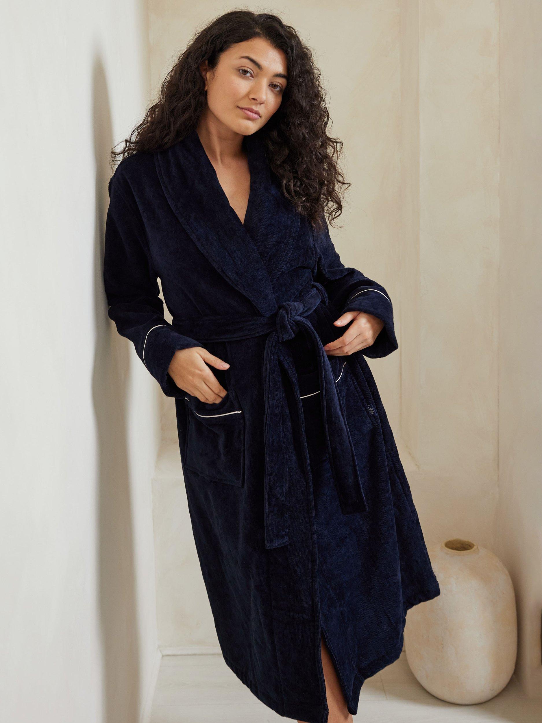 Product image 5 of 5, which shows Chelsea Peers Towelling Satin Tipped Dressing Gown, Navy, 6-8