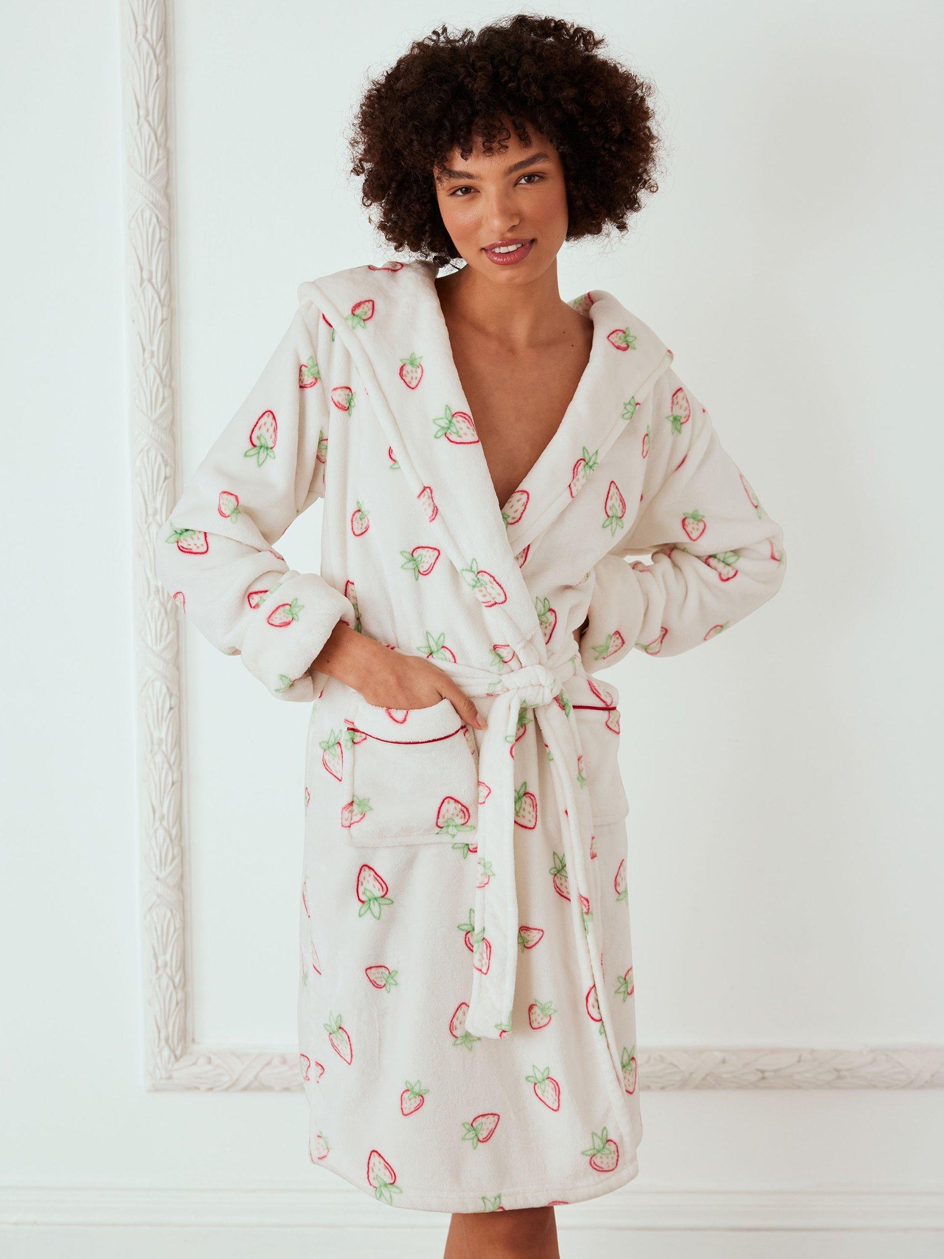 Product image 2 of 5, which shows Chelsea Peers Strawberry Print Fleece Dressing Gown, Off White, 6