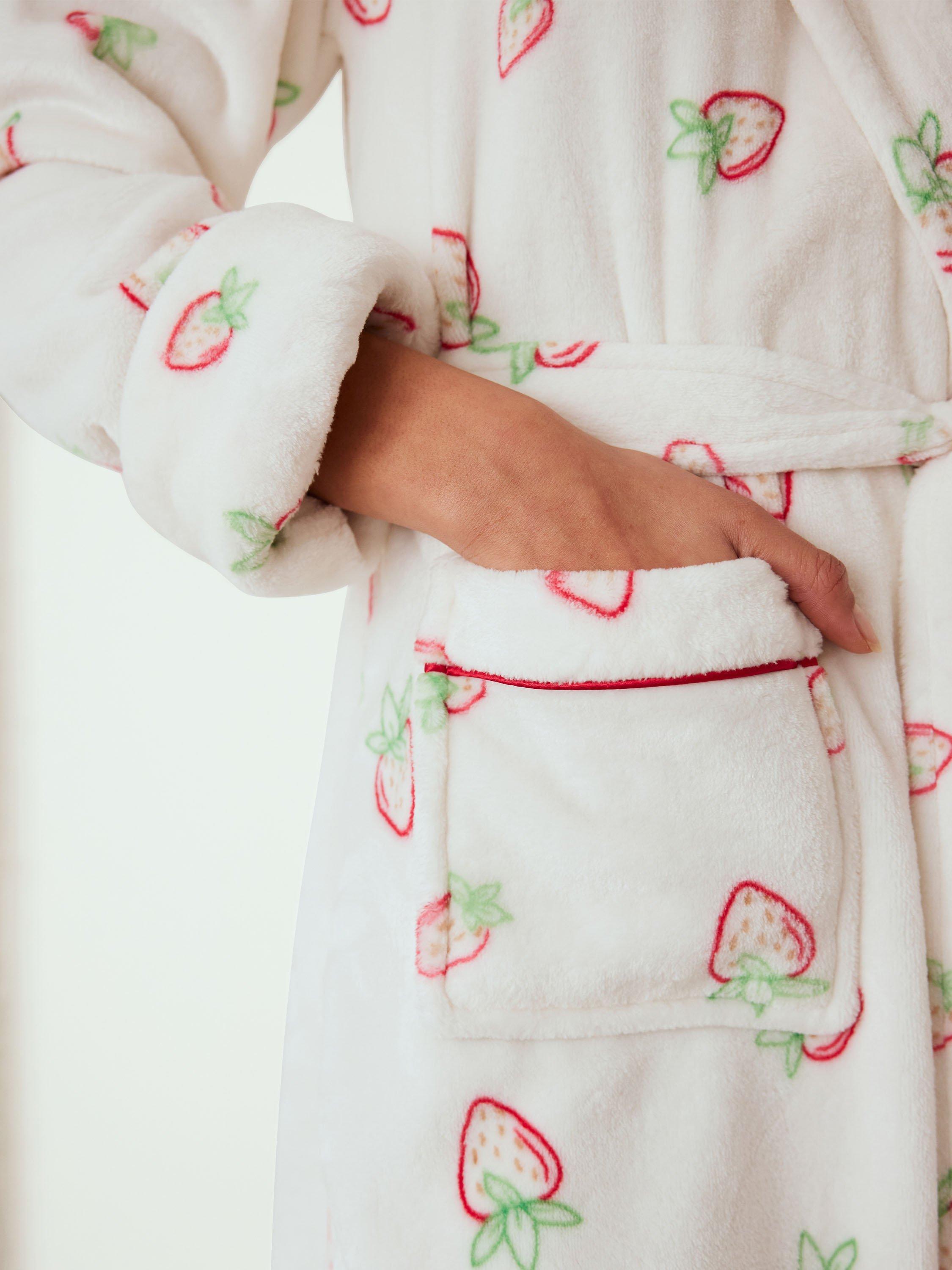 Product image 3 of 5, which shows Chelsea Peers Strawberry Print Fleece Dressing Gown, Off White, 6