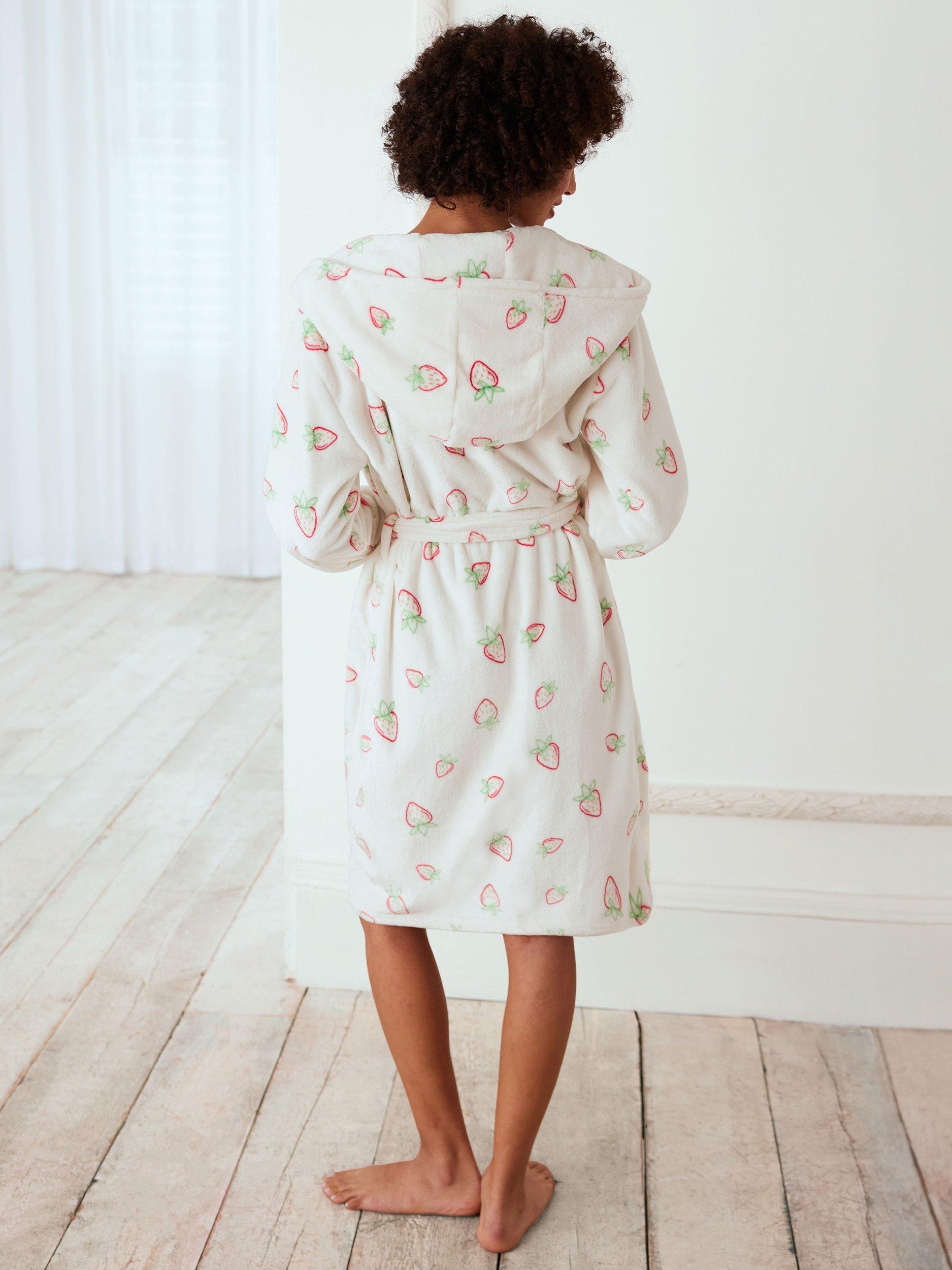 Product image 4 of 5, which shows Chelsea Peers Strawberry Print Fleece Dressing Gown, Off White, 6