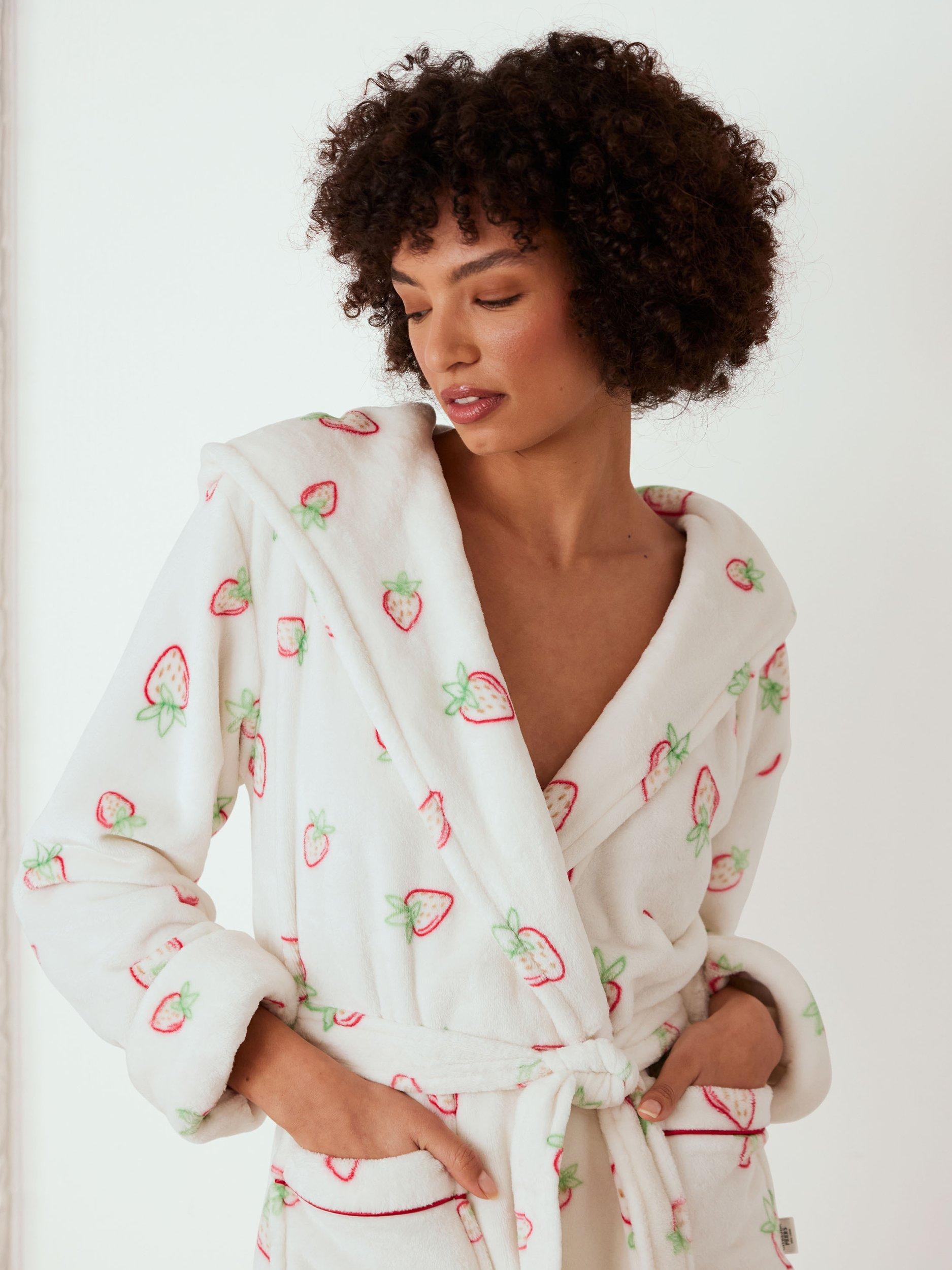 Product image 5 of 5, which shows Chelsea Peers Strawberry Print Fleece Dressing Gown, Off White, 6