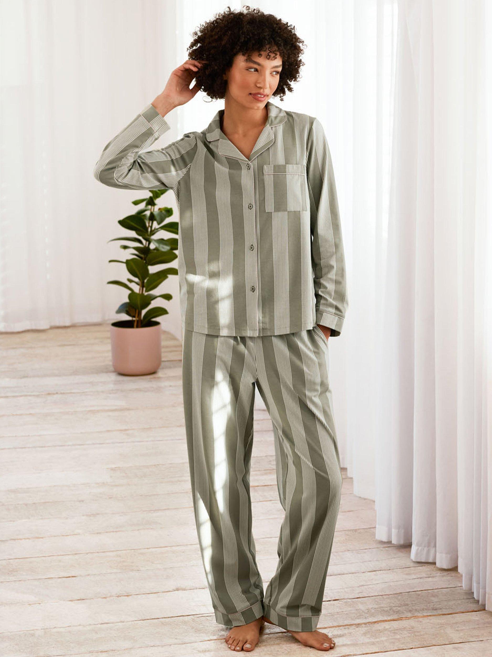 Product image 1 of 5, which shows Chelsea Peers Stripes Organic Cotton Rich Pyjama Set, Khaki, 6