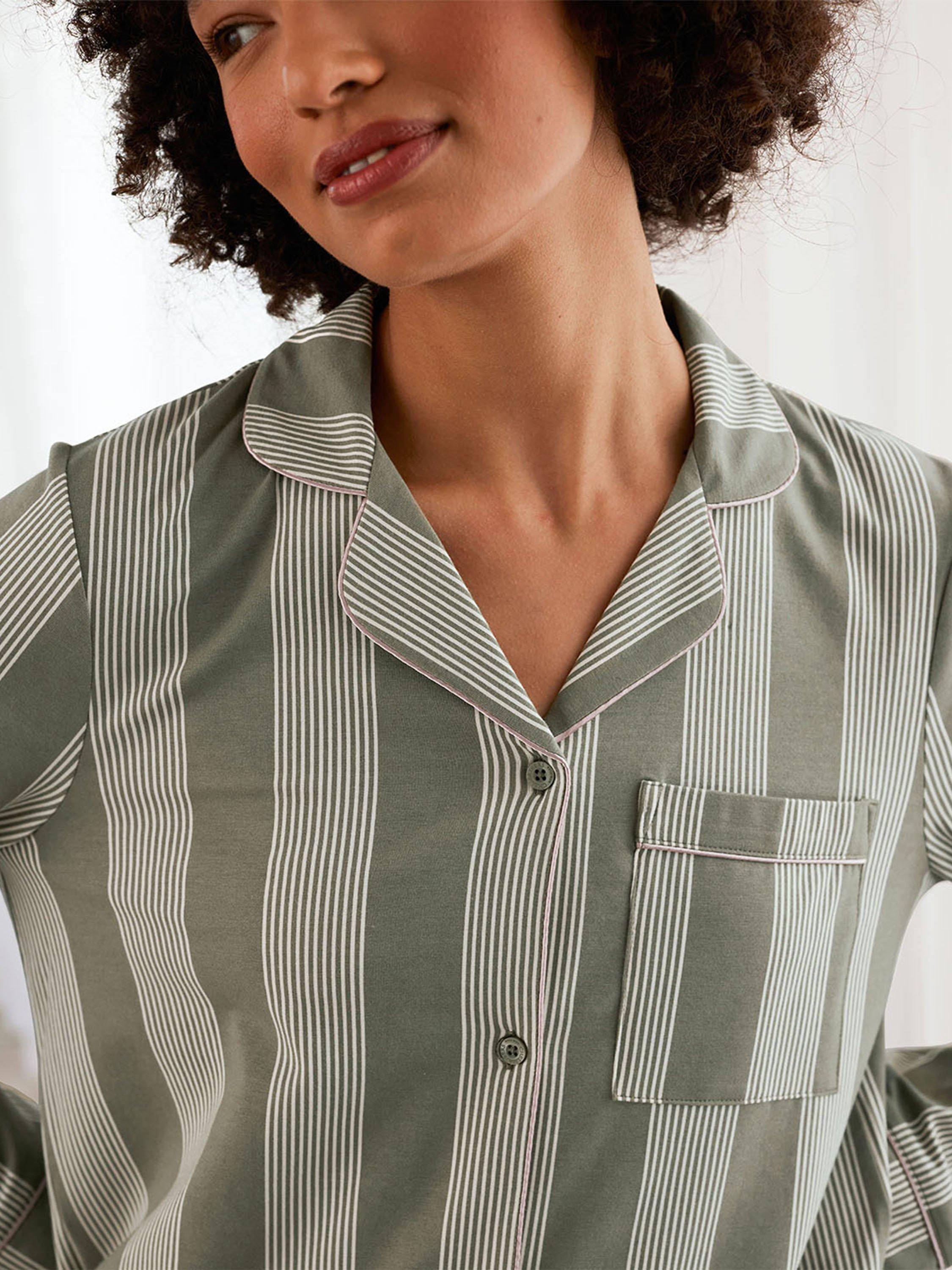 Product image 5 of 5, which shows Chelsea Peers Stripes Organic Cotton Rich Pyjama Set, Khaki, 6