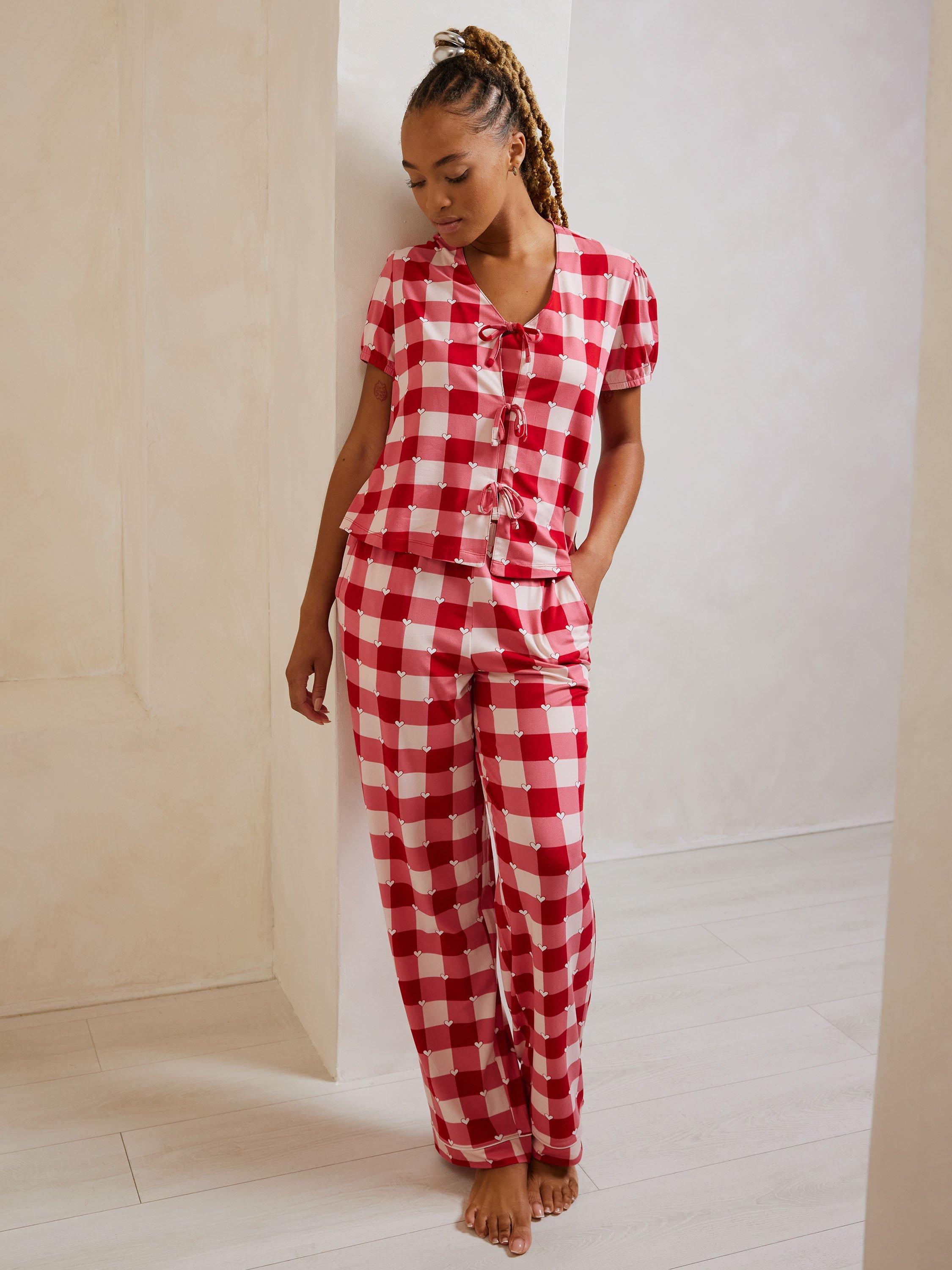 Product image 2 of 5, which shows Chelsea Peers Gingham Tie Front Pyjama Set, Red, 6