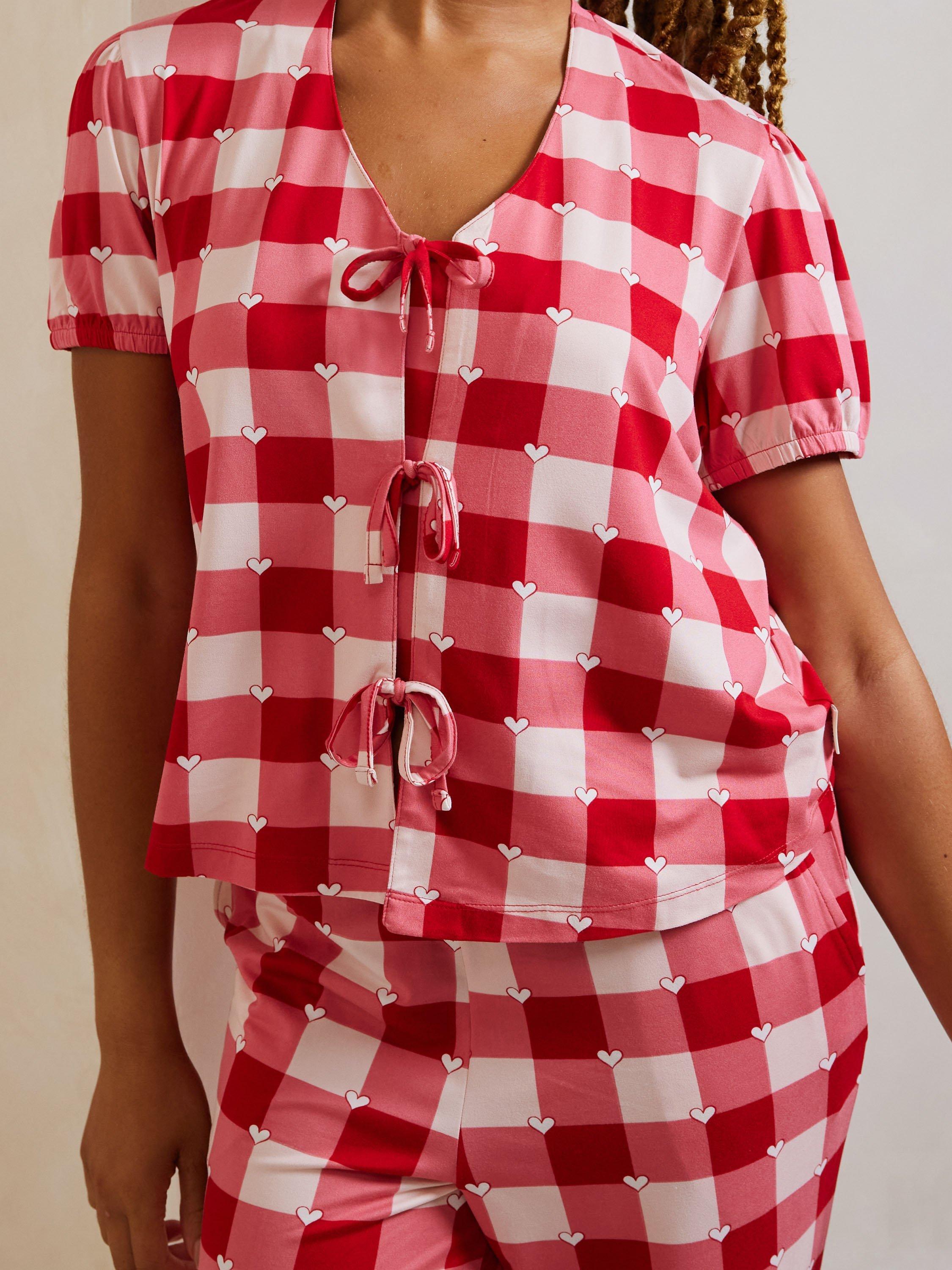 Product image 5 of 5, which shows Chelsea Peers Gingham Tie Front Pyjama Set, Red, 6
