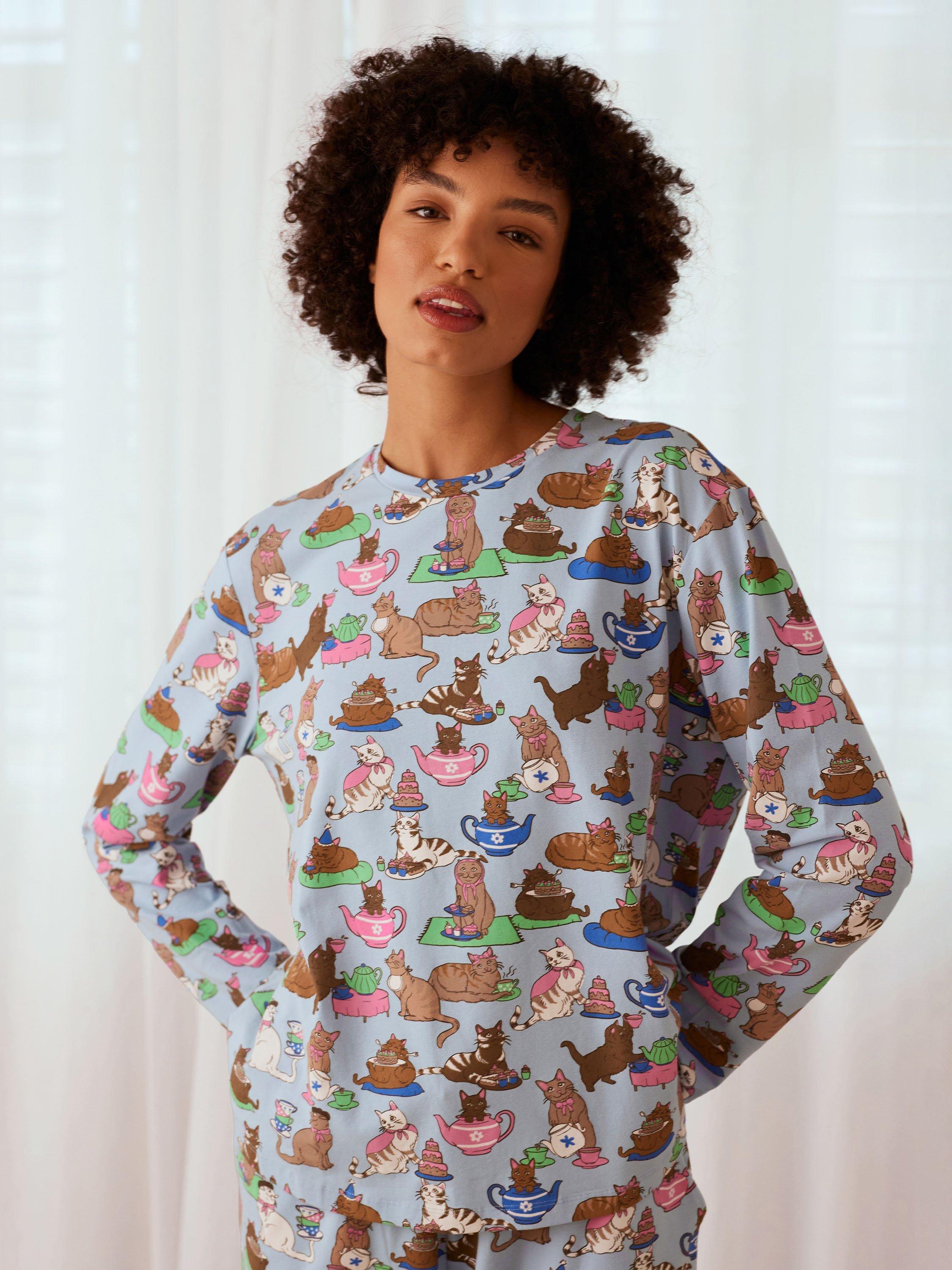 Product image 2 of 5, which shows Chelsea Peers Cats Tea Party Organic Cotton Rich Pyjama Set, Blue, 18