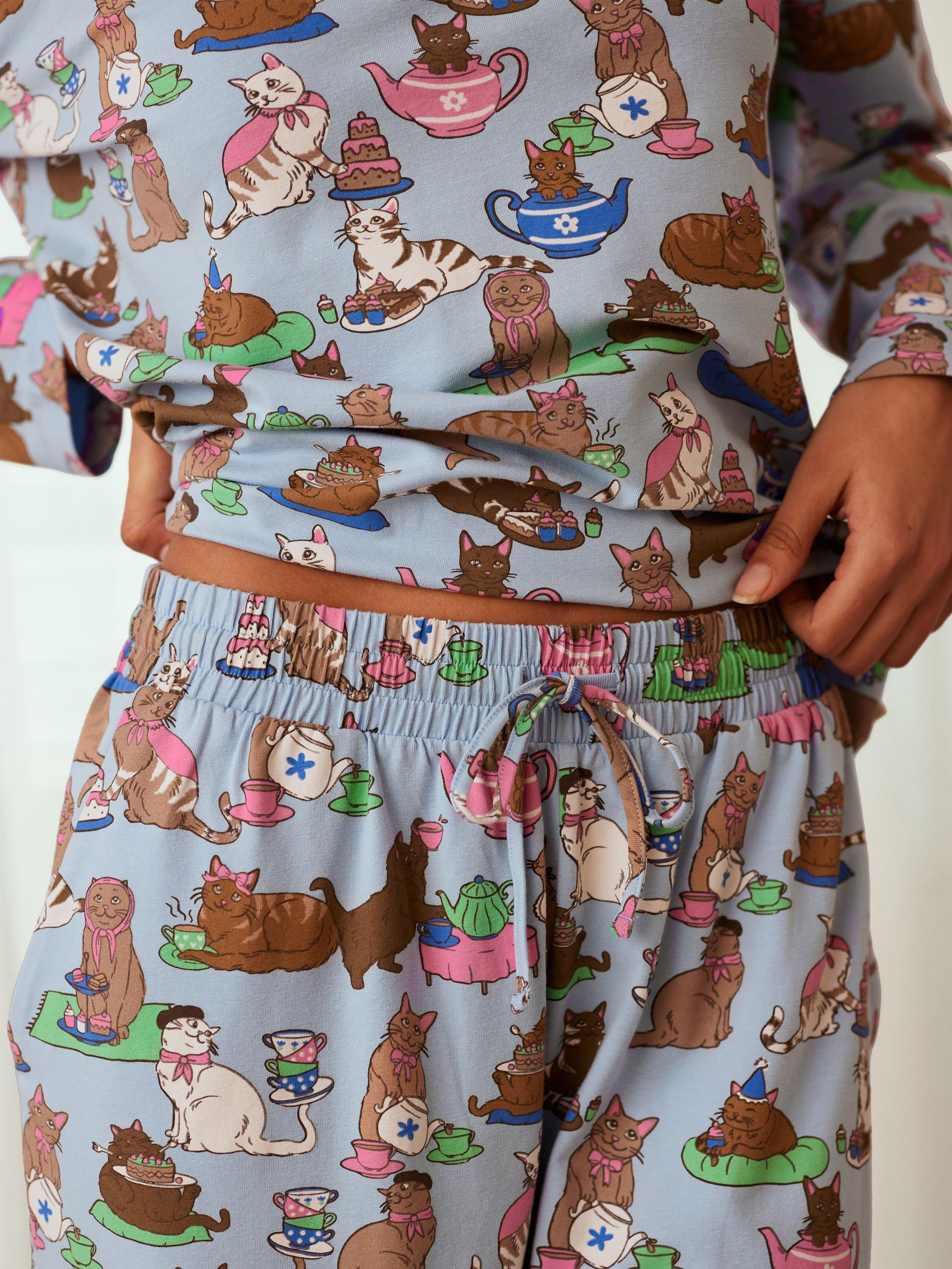 Product image 3 of 5, which shows Chelsea Peers Cats Tea Party Organic Cotton Rich Pyjama Set, Blue, 18