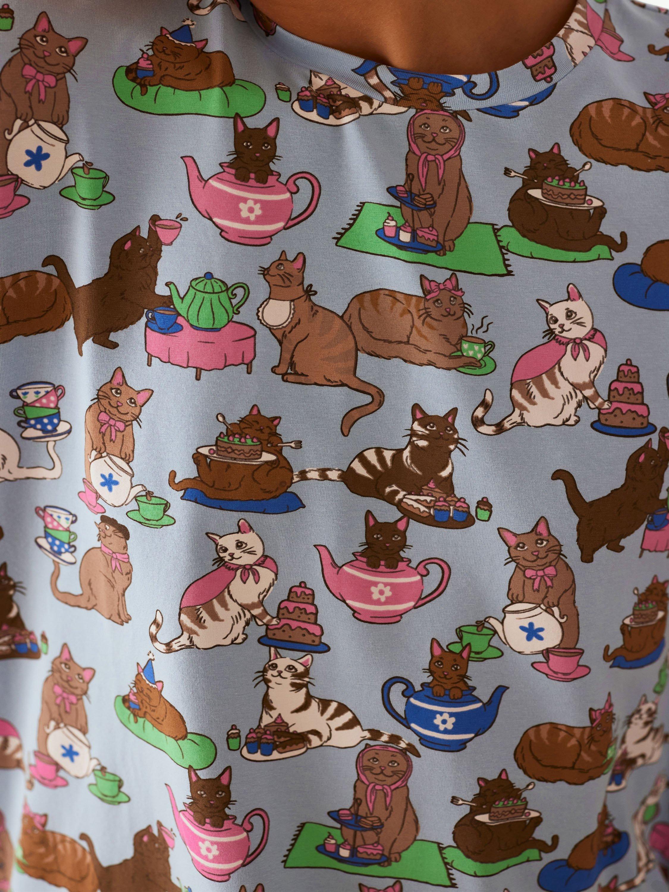 Product image 5 of 5, which shows Chelsea Peers Cats Tea Party Organic Cotton Rich Pyjama Set, Blue, 18