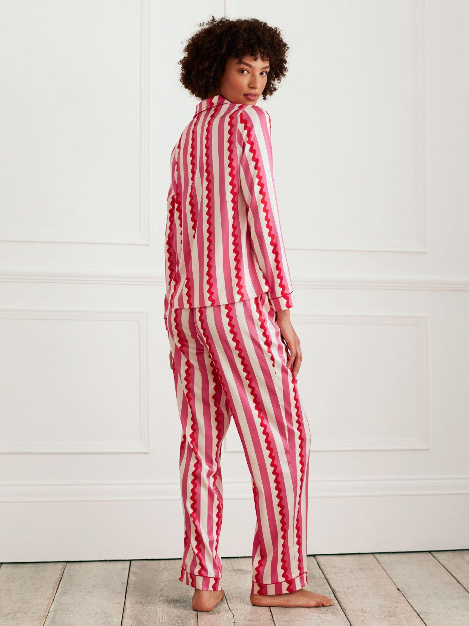 Product image 3 of 5, which shows Chelsea Peers Satin Heart Pocket Stripe Pyjama Set, Pink, 6