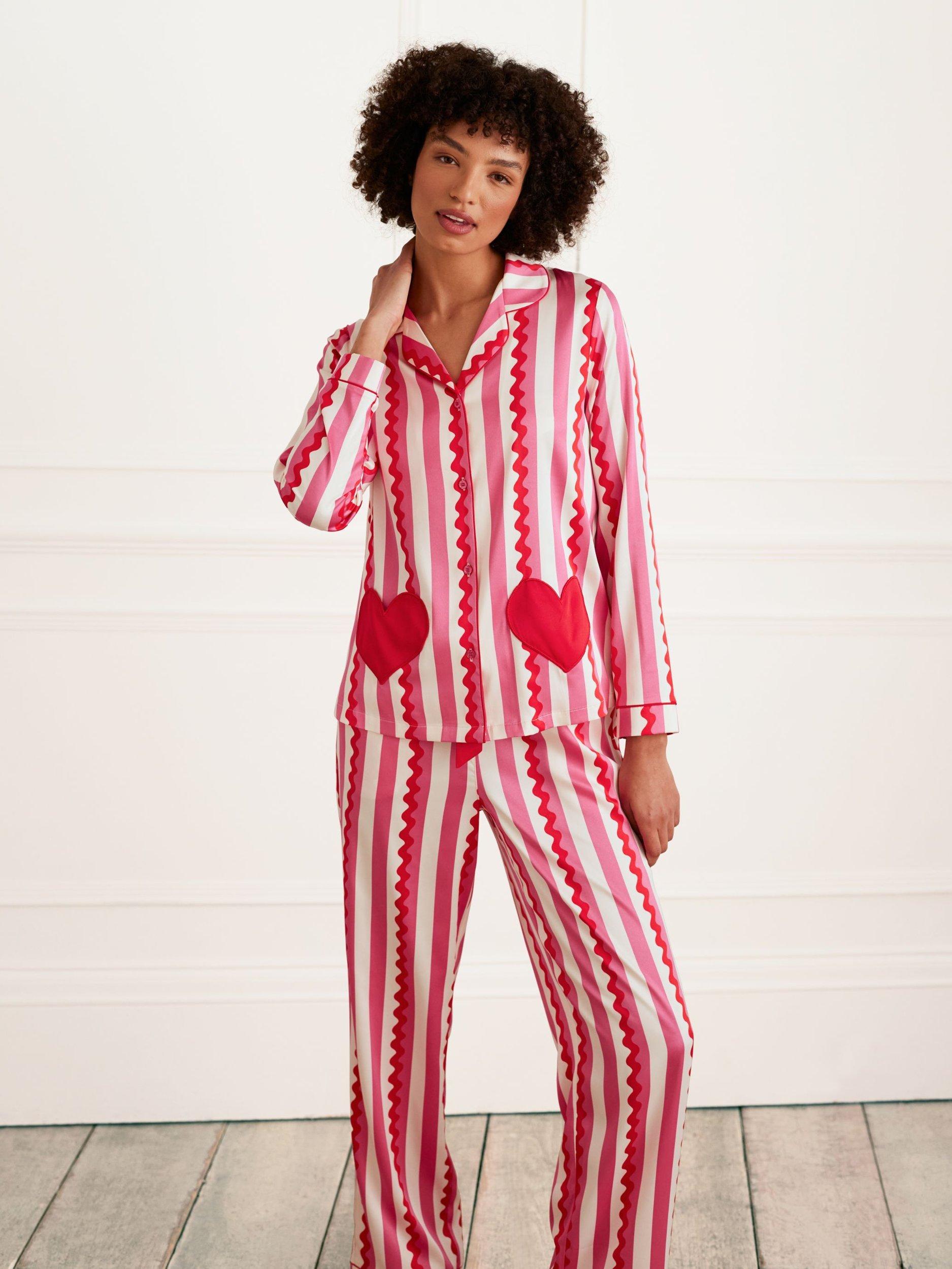 Product image 5 of 5, which shows Chelsea Peers Satin Heart Pocket Stripe Pyjama Set, Pink, 6