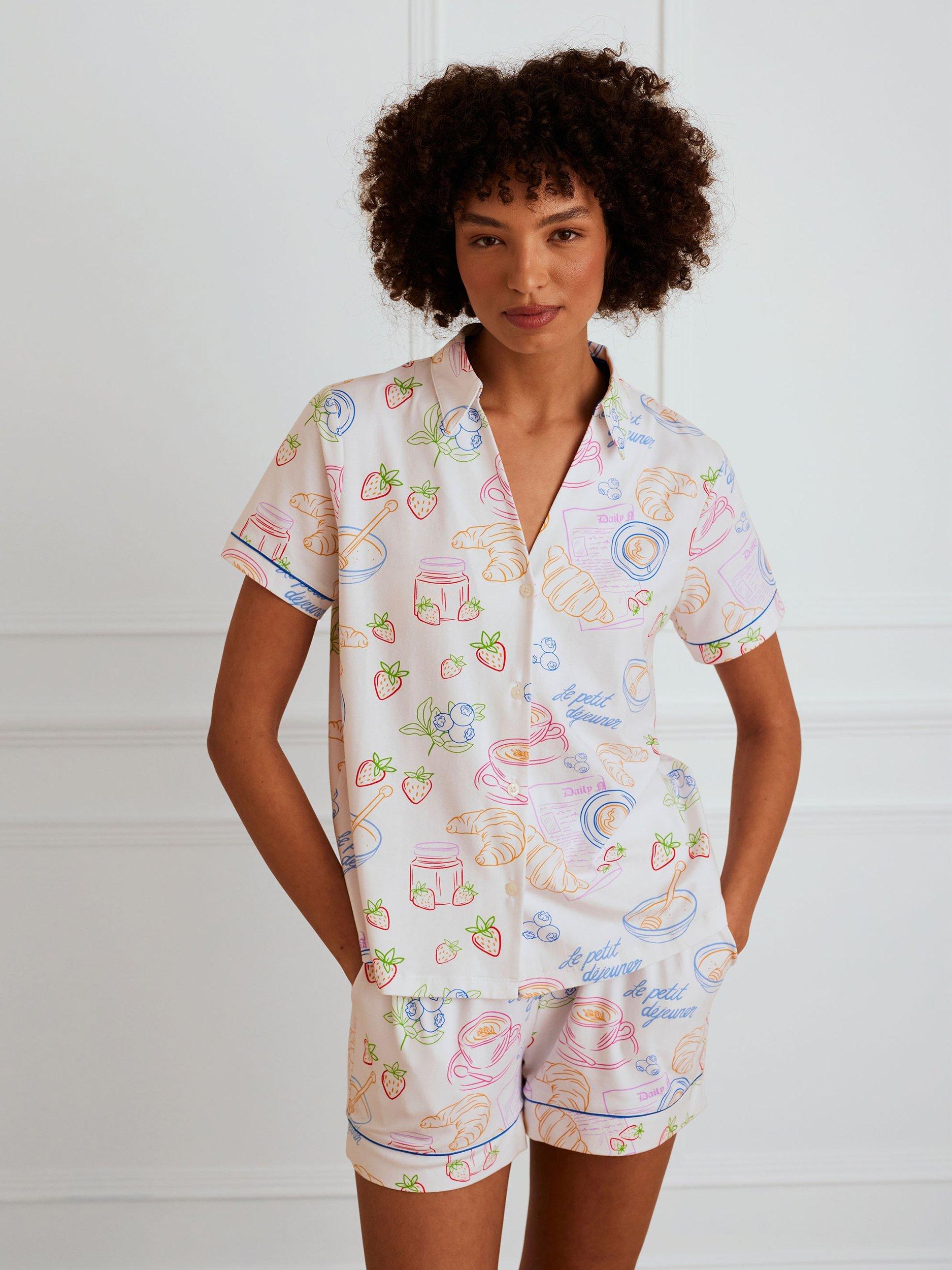 Product image 2 of 6, which shows Chelsea Peers Breakfast Print Organic Cotton Rich Pyjama Set, White, 6