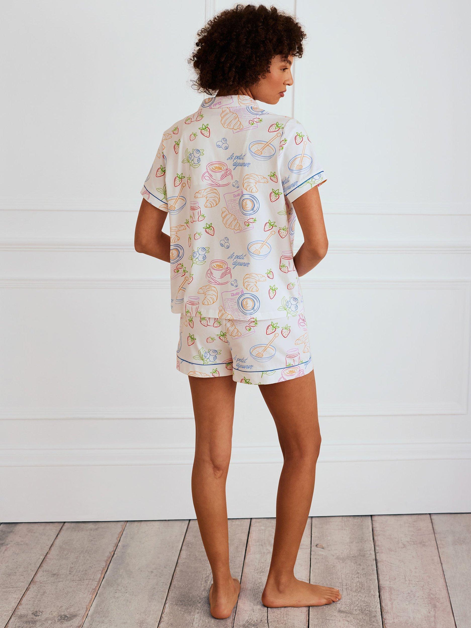 Product image 3 of 6, which shows Chelsea Peers Breakfast Print Organic Cotton Rich Pyjama Set, White, 6