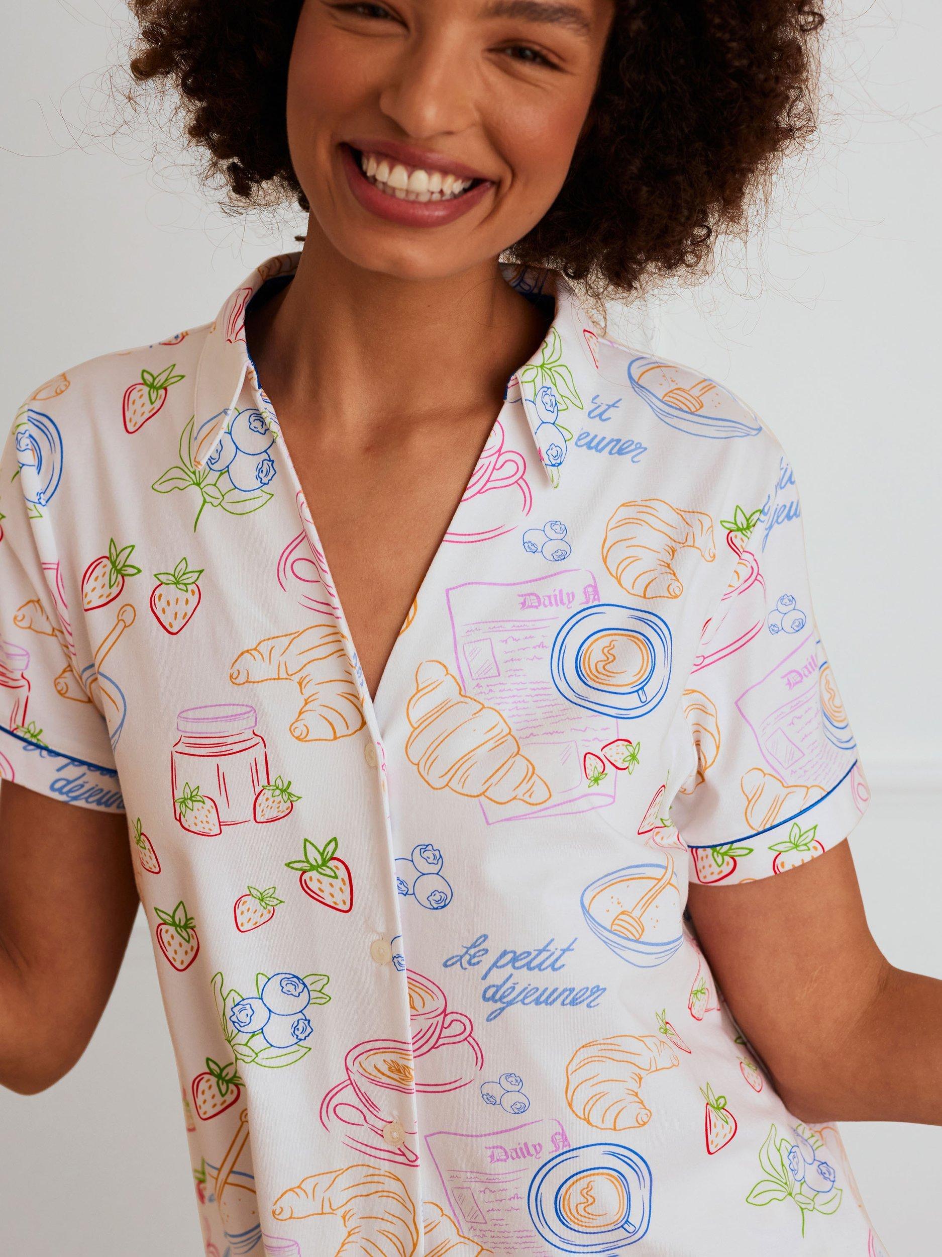 Product image 5 of 6, which shows Chelsea Peers Breakfast Print Organic Cotton Rich Pyjama Set, White, 6