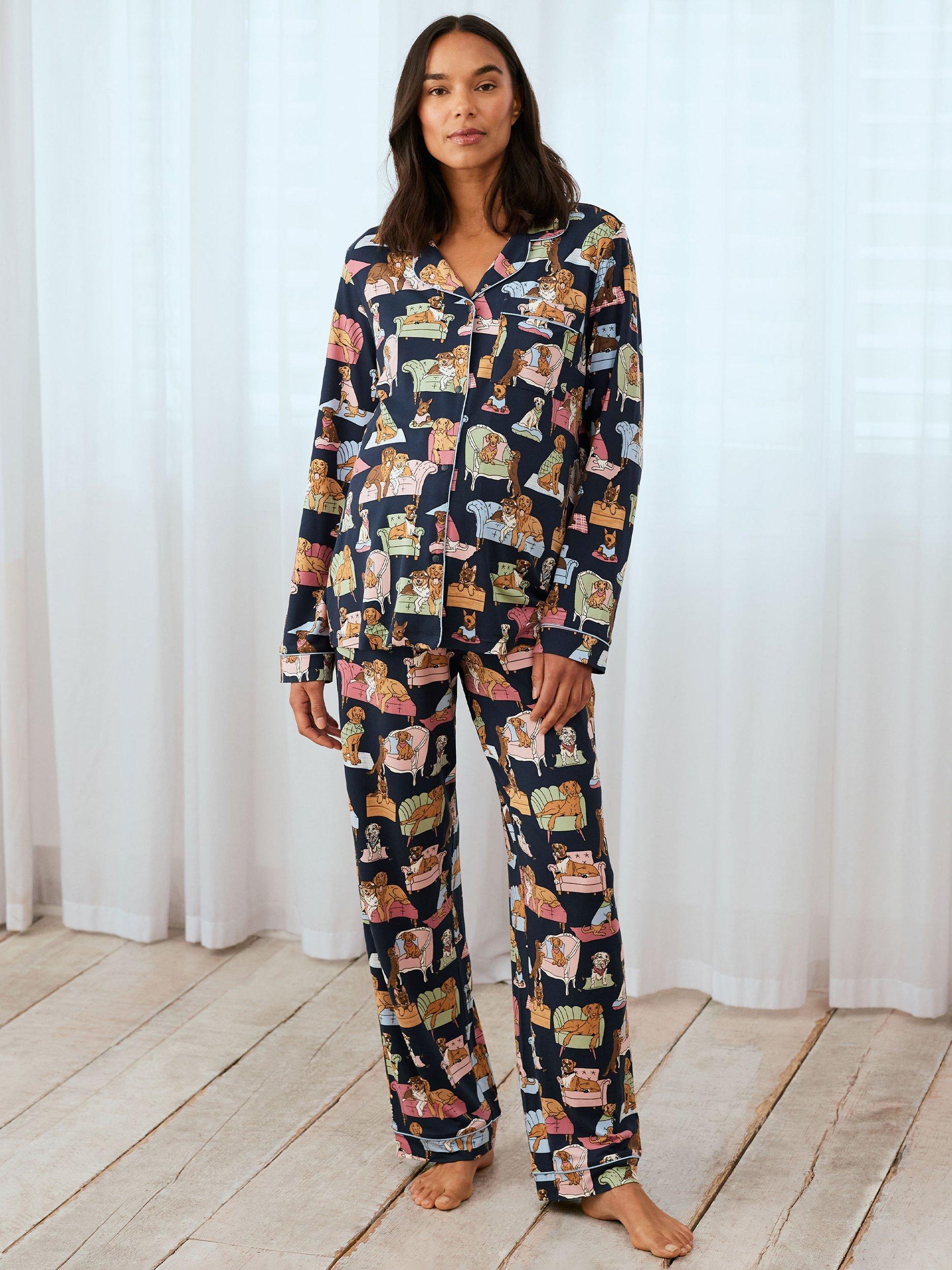 Product image 1 of 5, which shows Chelsea Peers Dogs Night In Maternity Pyjama Set, Navy, 6