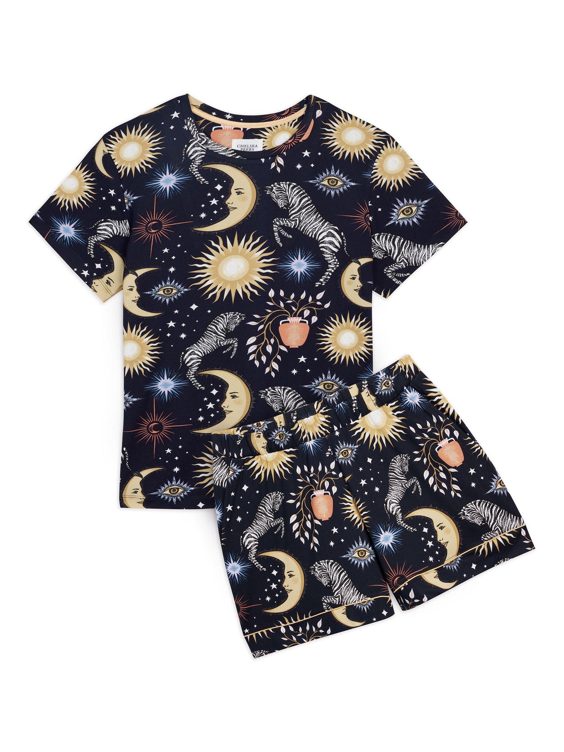 Product image 2 of 3, which shows Chelsea Peers Celestial Zebra Shorty Pyjama Set, Navy, 18