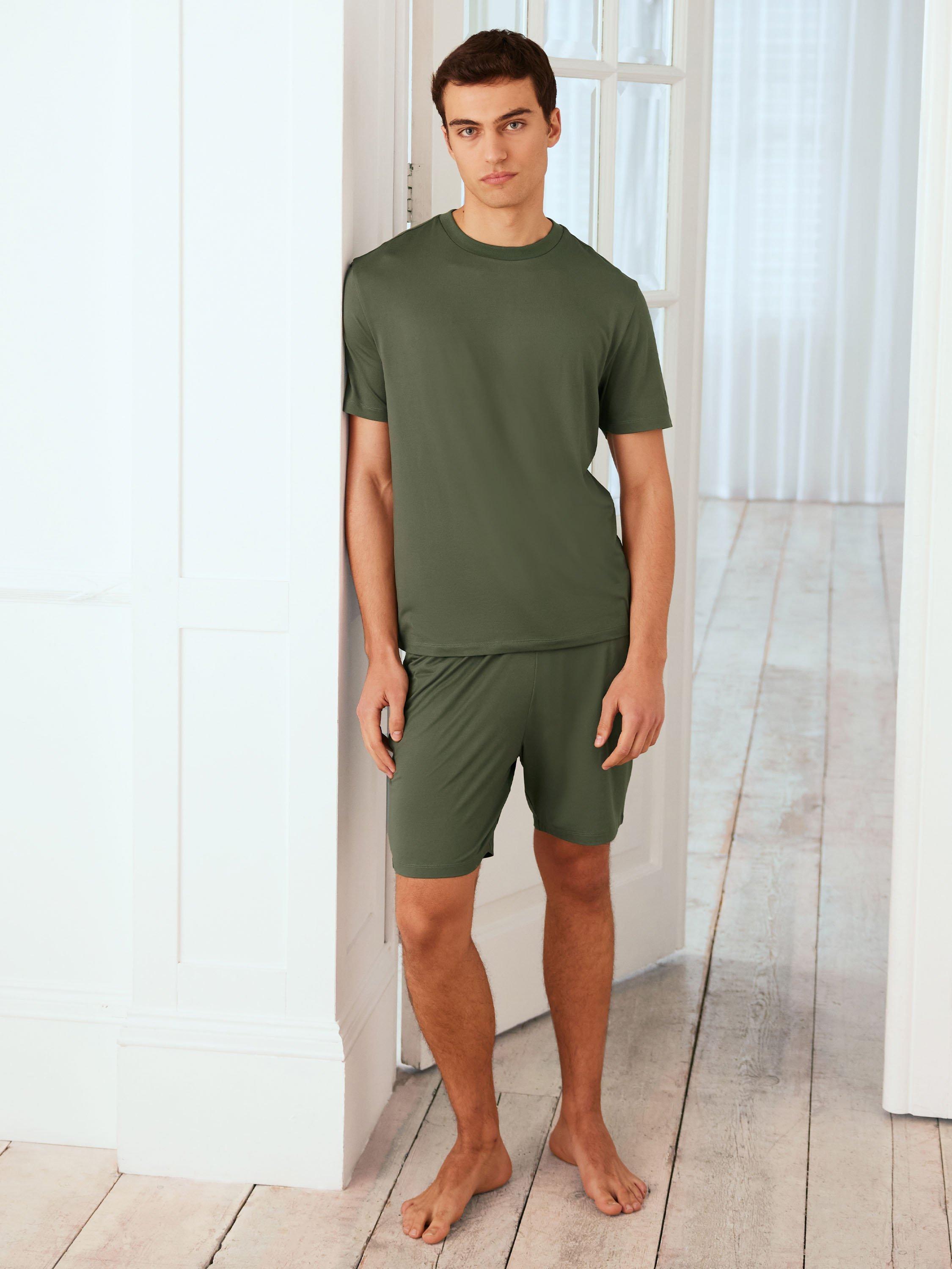 Product image 1 of 5, which shows Chelsea Peers Short Sleeve Tee & Shorts Pyjama Set, Khaki, S