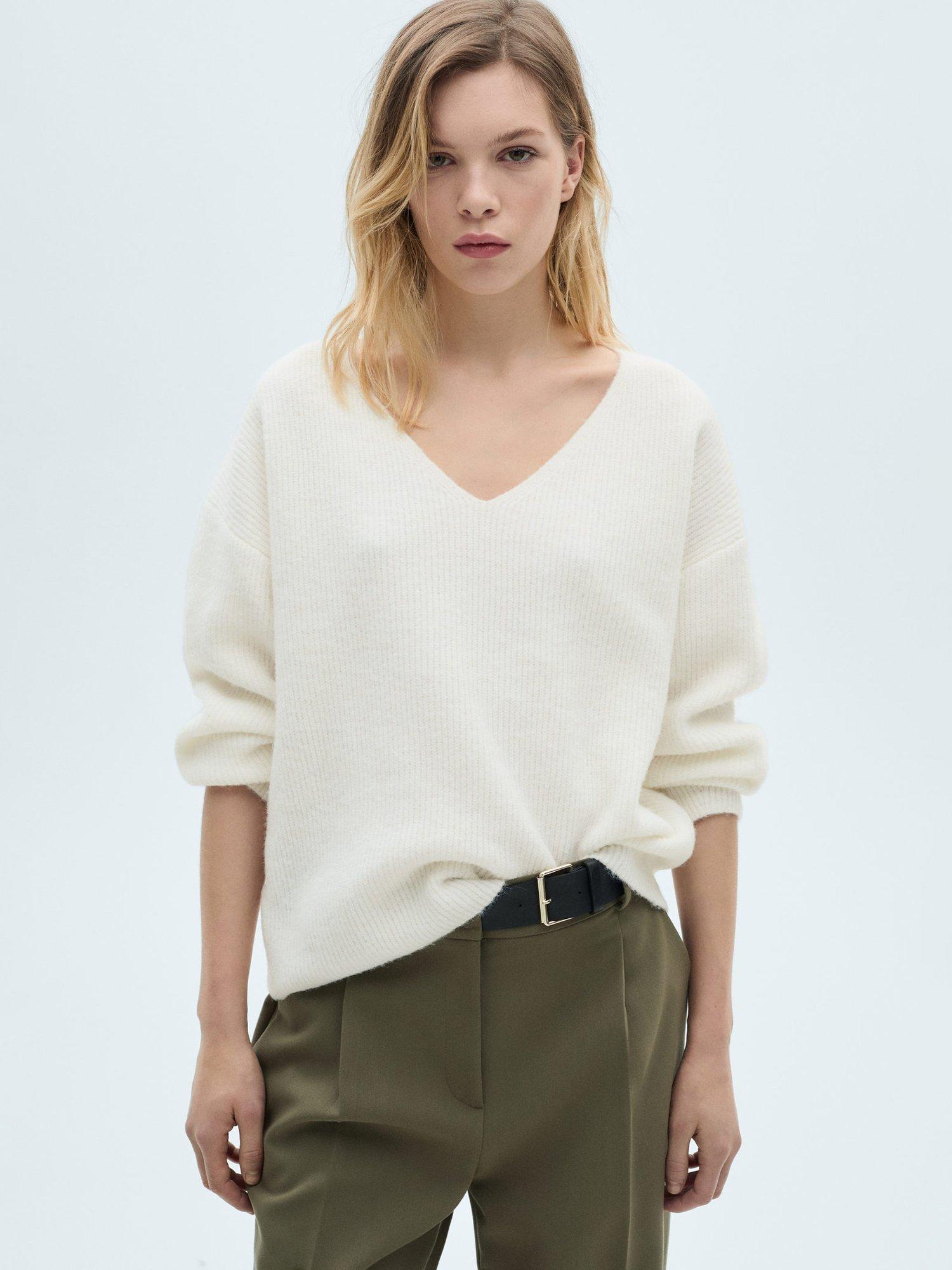 Mango Feten V-Neck Jumper, Light Natural