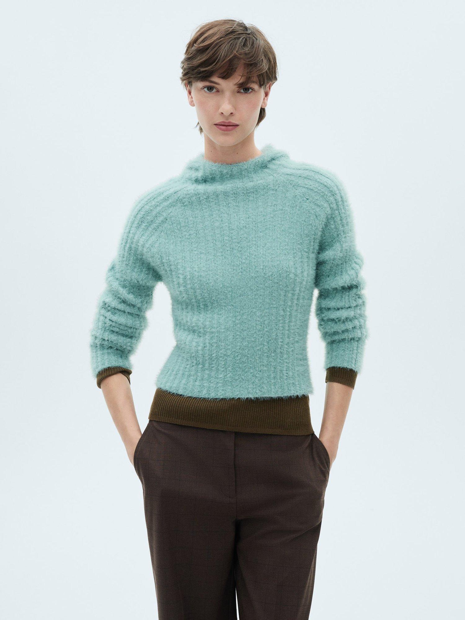 Product image 1 of 7, which shows Mango Soft Knit Hooded Jumper, Turquoise, L