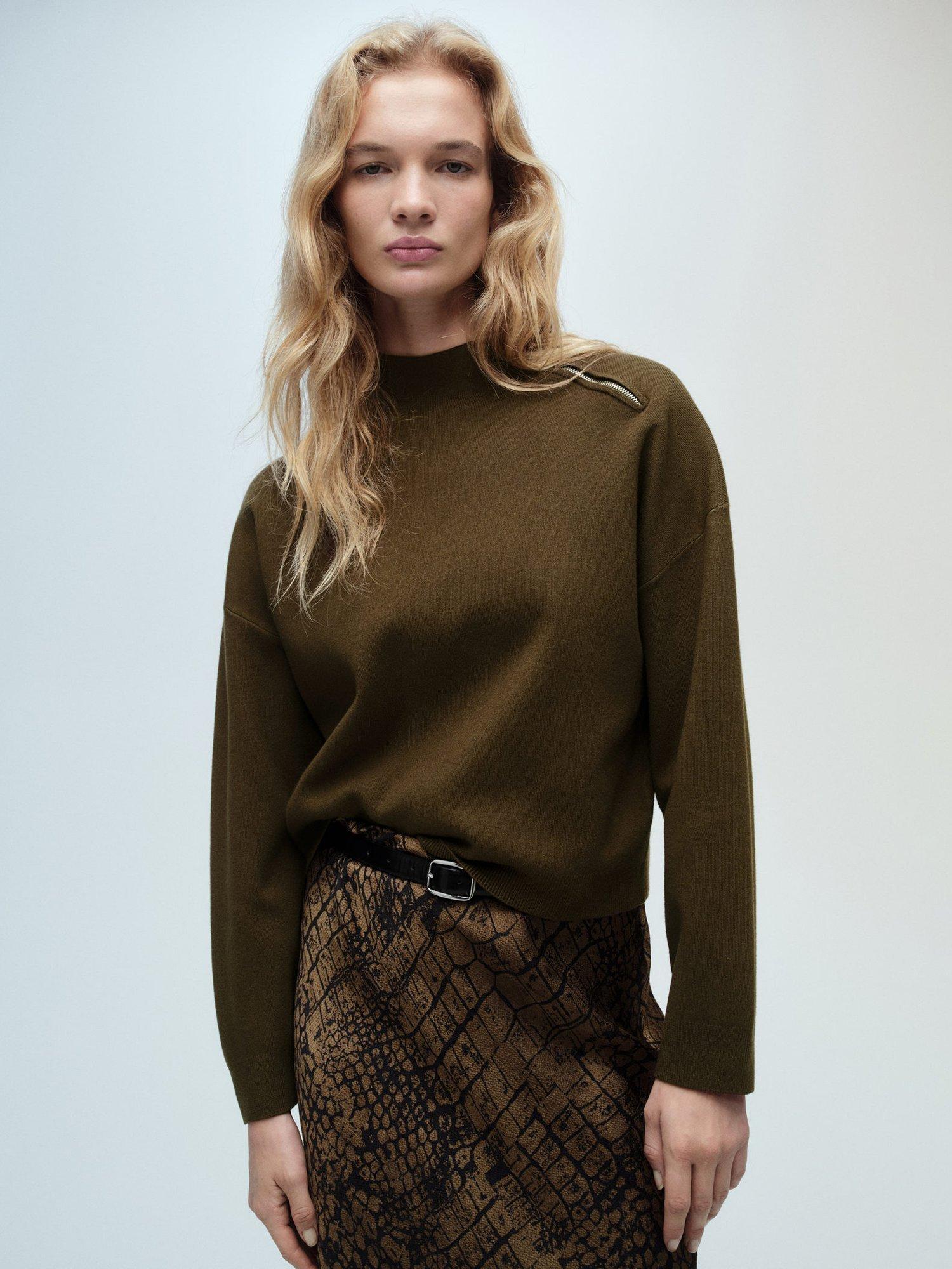 Product image 1 of 7, which shows Mango Konpaktu Zip Neck Jumper, Khaki, XXS
